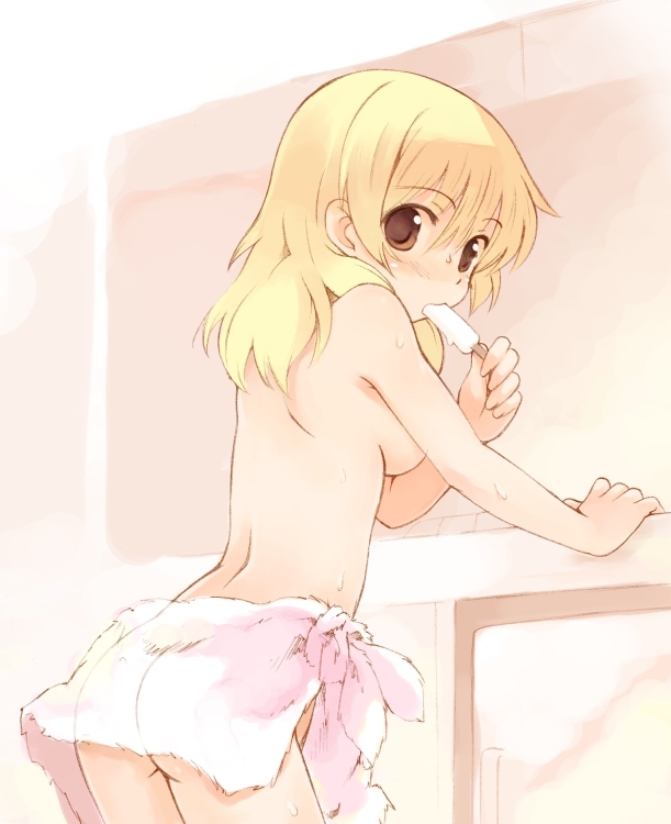 1girls ass back blonde_hair breasts brown_eyes female hidamari_sketch kurasuke looking_back miyako popsicle see-through sideboob solo topless towel wet