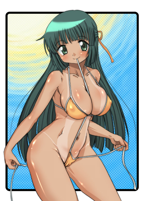 1girls between_breasts bikini breasts clothes_between_breasts erect_nipples female green_eyes green_hair hidamari_sketch hirokawa_hiroshi hirokawa_kouichirou large_breasts long_hair mouth_hold side-tie_bikini solo string_bikini swimsuit tan tanline yoshinoya