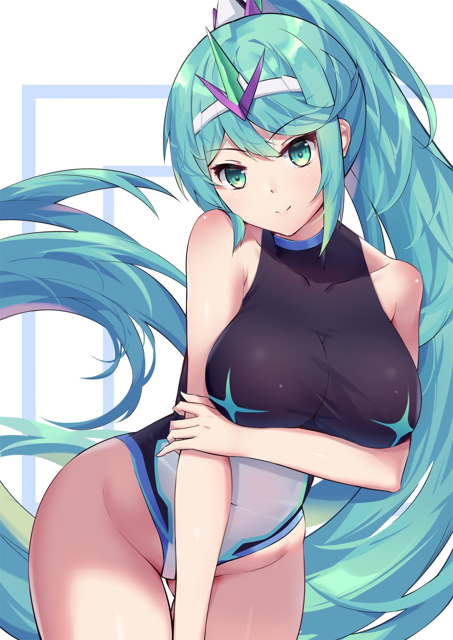 1girls, aqua eyes, aqua hair, bare shoulders, blush, breast hold, breasts, closed mouth, collarbone, competition swimsuit, covered navel, cowboy shot, eol 9, female, female focus, female only, gluteal fold, groin, hairband, hand on own arm, head tilt, high ponytail, highleg, highleg swimsuit, highres, large breasts, leaning forward, long hair, looking at viewer, matching hair/eyes, multicolored, multicolored clothes, multicolored swimsuit, nintendo, one-piece swimsuit, pneuma (xenoblade), sidelocks, smile, solo, solo female, spoilers, straight hair, swimsuit, thigh gap, two-tone background, very long hair, white hair ornament, white hairband, xenoblade (series), xenoblade chronicles 2