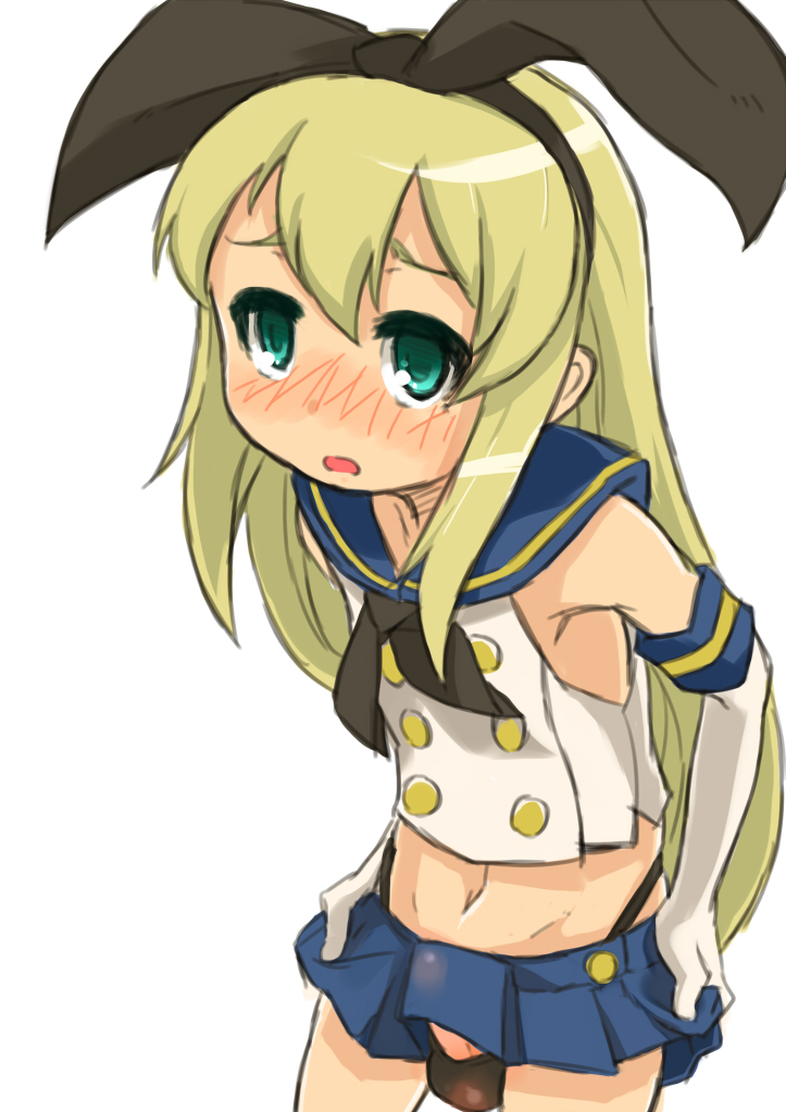 1boy balls balls_in_panties black_panties blonde_hair blush crossdressing elbow_gloves erection erection_under_clothes erection_under_skirt gloves green_eyes highleg highleg_panties kantai_collection long_hair male male_only microskirt panties panty_bulge penis penis_in_panties penis_under_clothes penis_under_skirt pleated_skirt precum rule_63 shimakaze_(kantai_collection) skirt skirt_lift small_penis solo sorakujira tenting trap underwear whale_tail white_gloves