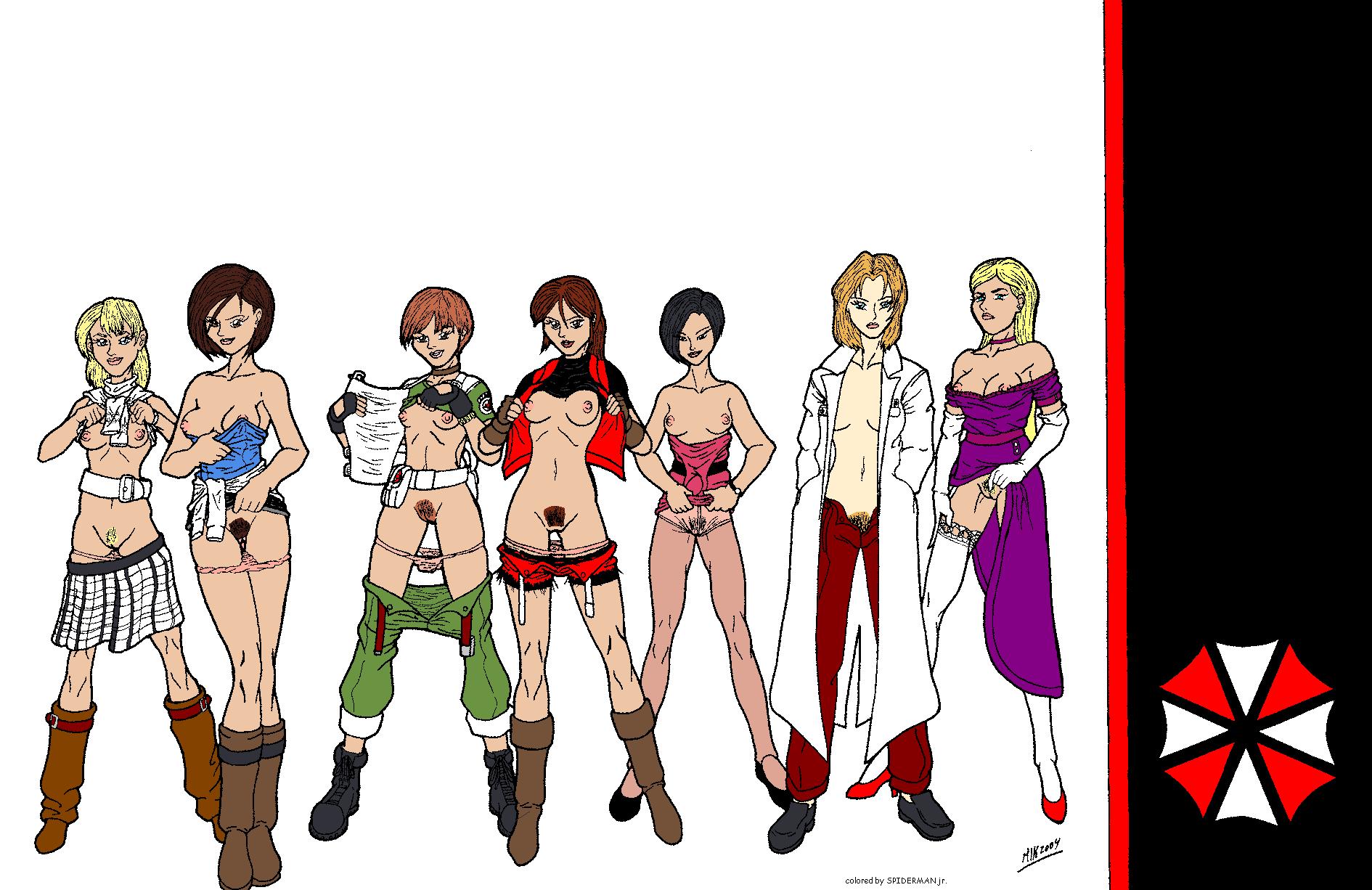 2004 6+girls 7girls ada_wong ada_wong_(caroline_ribeiro) alexia_ashford annette_birkin artist_name ashley_graham ashley_graham_(brooke_elizabeth_mathieson) capcom claire_redfield color colored dated female female_only garter_straps human human_only jill_valentine jill_valentine_(julia_voth) kyle_twilight labcoat miniskirt multiple_females multiple_girls panties_down rebecca_chambers resident_evil resident_evil_0 resident_evil_2 resident_evil_3 resident_evil_4 resident_evil_code_veronica shirt_lift shorts signature skirt uncensored undressing