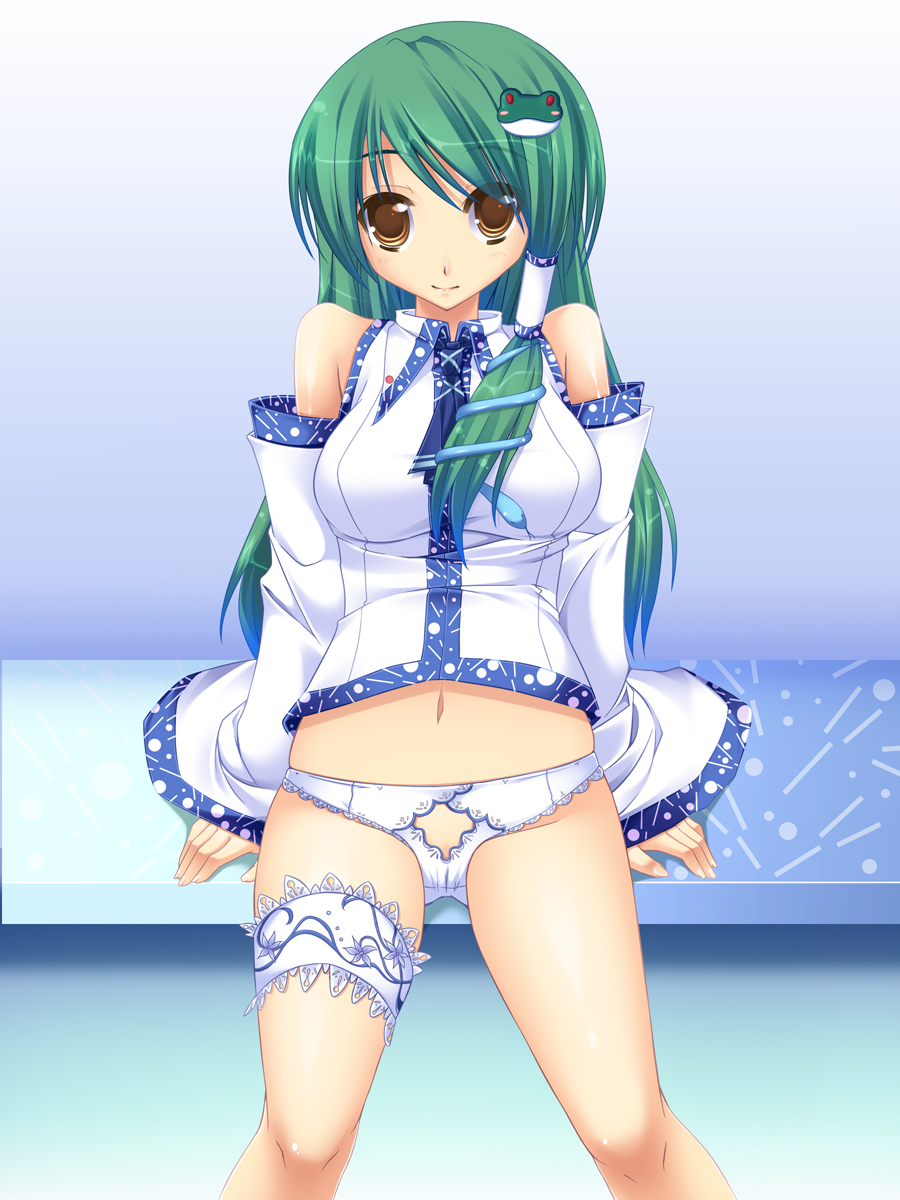 bottomless female female_only frog green_hair highres human japanese_clothes kirise_mitsuru lingerie long_hair miko panties sanae_kochiya snake solo touhou underwear white_panties