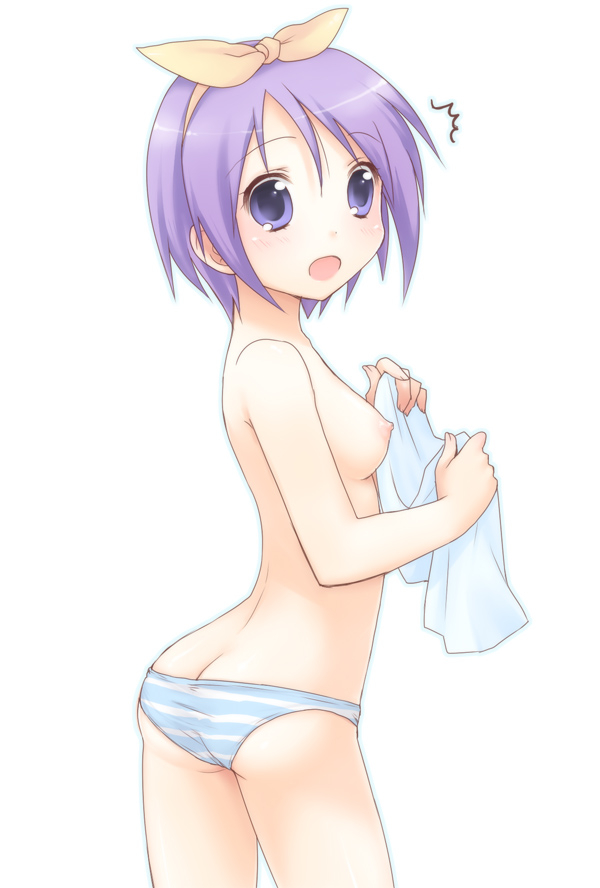 ass_cleavage blue_panties blue_striped_panties breasts butt_crack hairband lucky_star nipples panties purple_eyes purple_hair shimapan short_hair striped striped_panties topless tsukasa_hiiragi underwear usashiro_mani