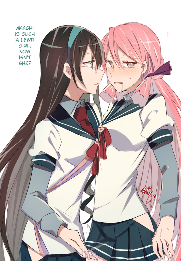 2girls akashi_(kantai_collection) averting_eyes black_hair blue_skirt blush check_translation drooling female glasses green_eyes hairband hakama hakama_skirt hard_translated kantai_collection long_sleeves multiple_girls neckerchief necktie ooyodo_(kantai_collection) payot pink_eyes pink_hair pleated_skirt pussy_juice sailor_collar school_uniform serafuku shokushu_ura side_slit simple_background skirt sweat translated white_background yuri