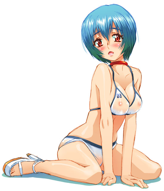 1girls asaki_takayuki bikini blue_hair blush breasts cleavage collar erect_nipples female female_only hair high_heels large_breasts neon_genesis_evangelion posing red_eyes rei_ayanami sandals see-through see-through_swimsuit shoes short_hair simple_background solo swimsuit white_background