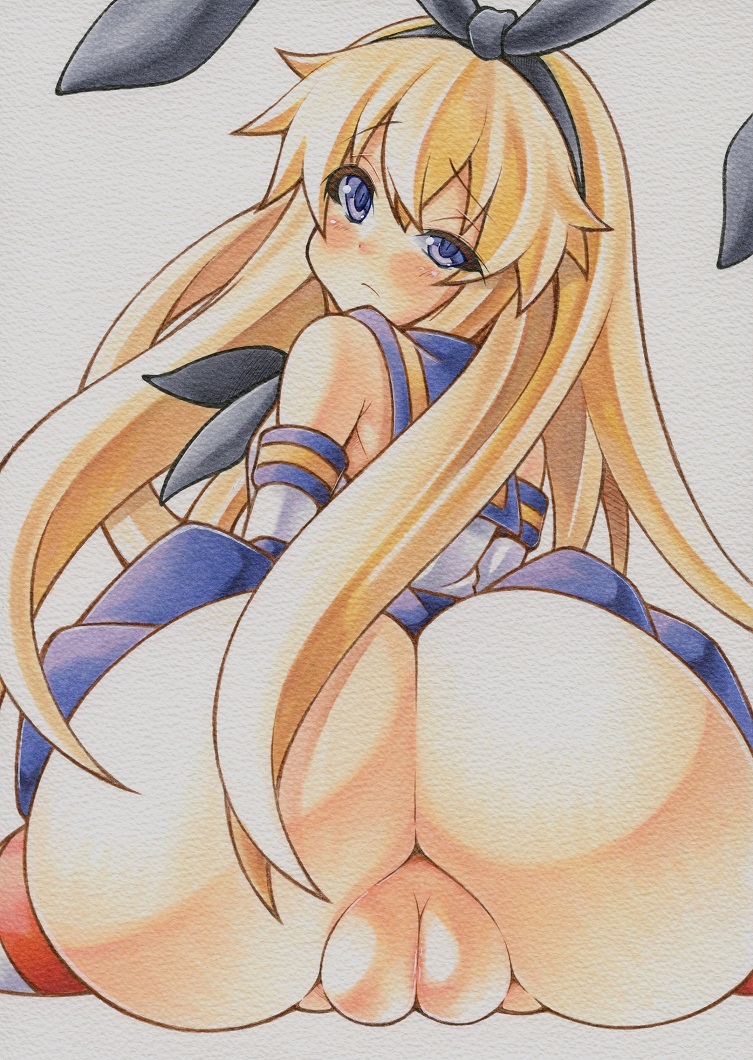 anchor aqua_eyes ass blonde_hair elbow_gloves fat_mons gloves hairband innie_pussy kantai_collection long_hair looking_at_viewer looking_back marker_(medium) millipen_(medium) personification pussy shimakaze_(kantai_collection) solo striped striped_legwear thighhighs traditional_media white_gloves yutakasan-love