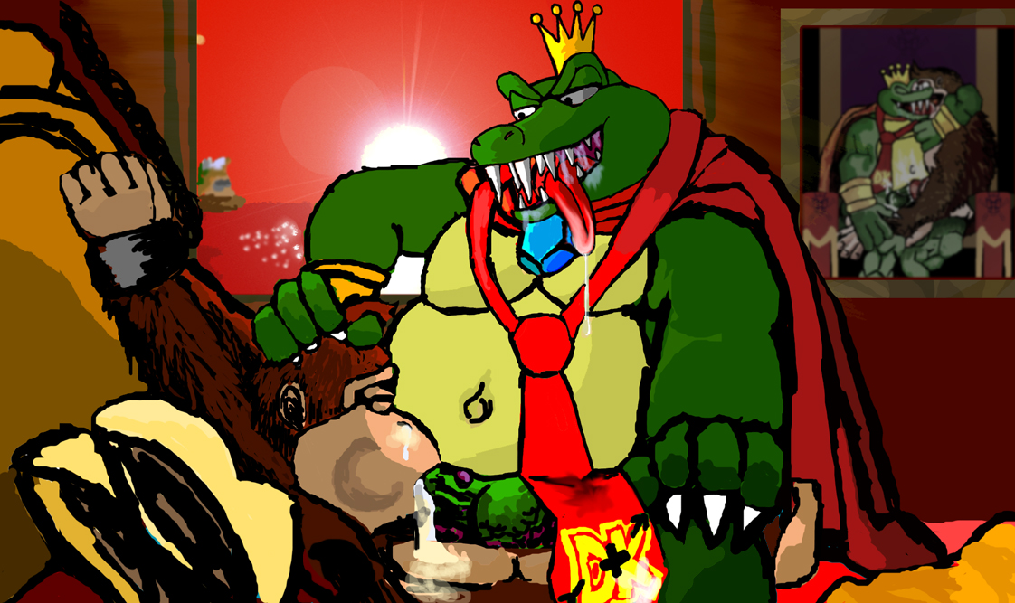 color donkey_kong donkey_kong_(series) fellatio furry interspecies jiggawhat k_rool kong kremling male male_only multiple_males nintendo no_humans oral teeth tongue yaoi