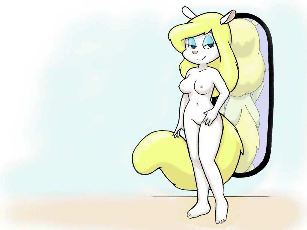 animaniacs anthro barefoot breasts color female female_only front_view fur furry minerva_mink mink mirror nipples otama smile solo standing tagme vulva white_fur