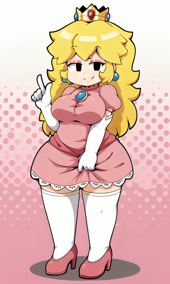 5_fingers ai_generated bangs big_breasts blonde_hair busty chubby clothed crown curvy eyeshadow female female index_finger_raised lipstick looking_at_viewer mario_(series) messy_hair pearl_earrings pink_background pink_dress pink_eyeshadow pink_heels pixai princess princess_peach super_mario_bros. white_thighhighs