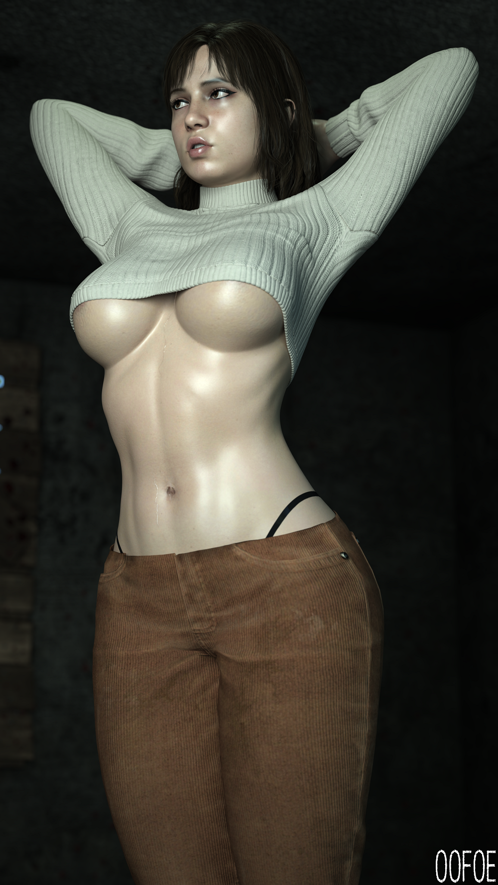 1girls 3d angela_orosco big_breasts bloober_team cropped_sweater konami oofoe pinup silent_hill silent_hill_2 silent_hill_2_remake underboob underboob_sweater