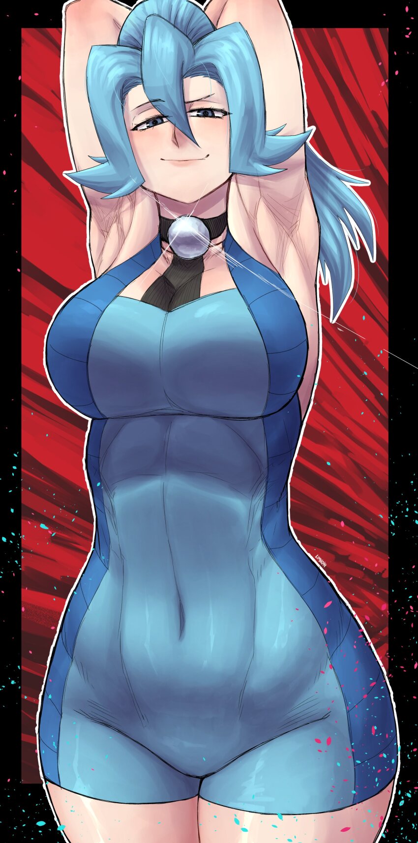 blue_eyes bodysuit clair_(pokemon) gym_leader large_breasts light_blue_hair limn044 pokemon pokemon_gsc ponytail straight tagme voluptuous_female