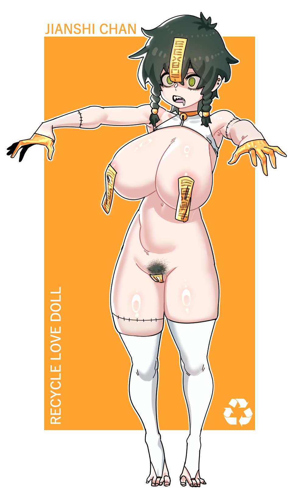 drooling, female, jiangshi, js4935, ofuda, ofuda on nipples, ofuda on pussy, pussy, spiral eyes