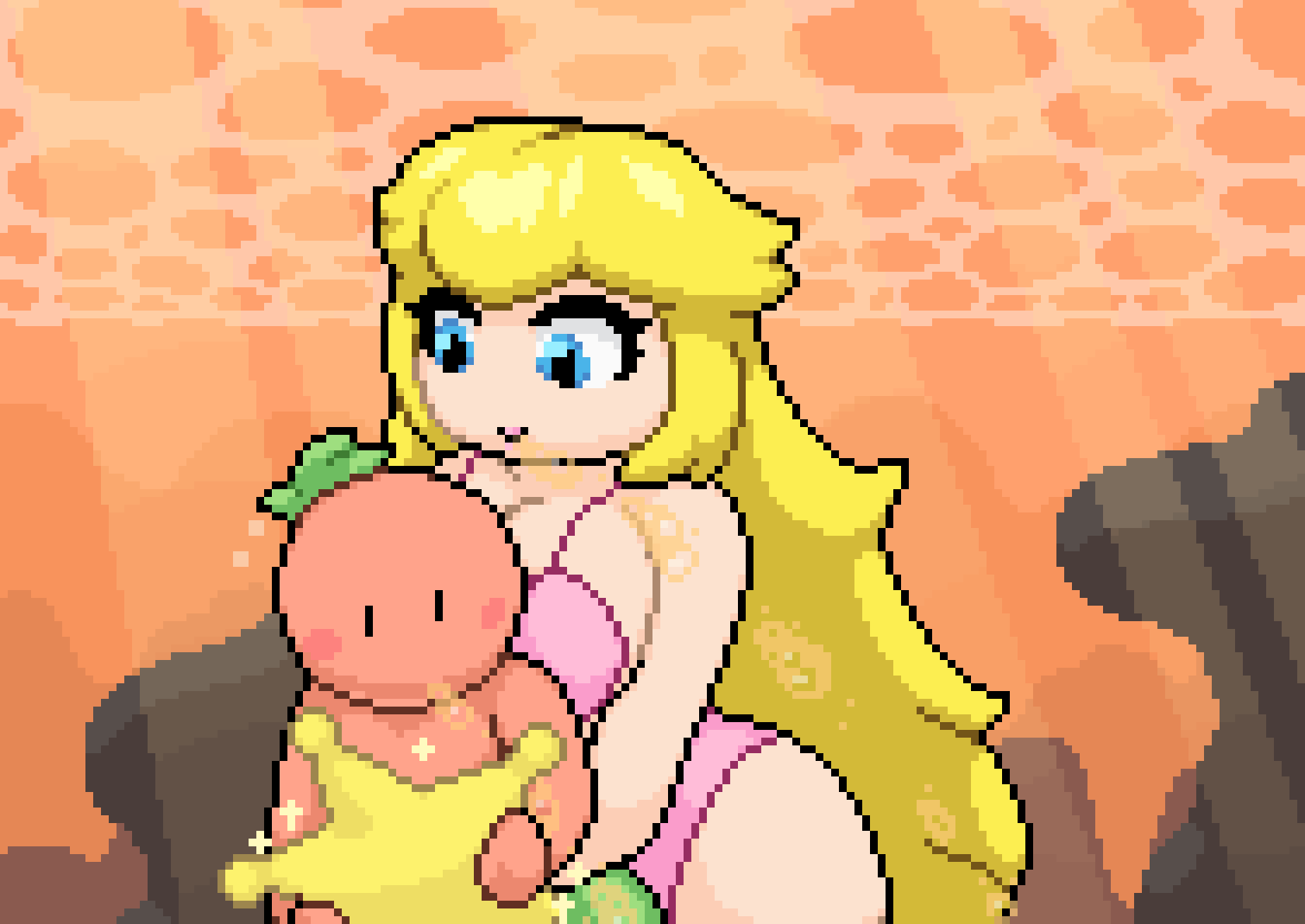 big_breasts big_thighs bikini blush bubbles holding holding_object mario_(series) okami_tomato pink_bikini pixel_art princess_peach shine_sprite sunset super_mario_bros. tomato_(okami_tomato) underwater wholesome