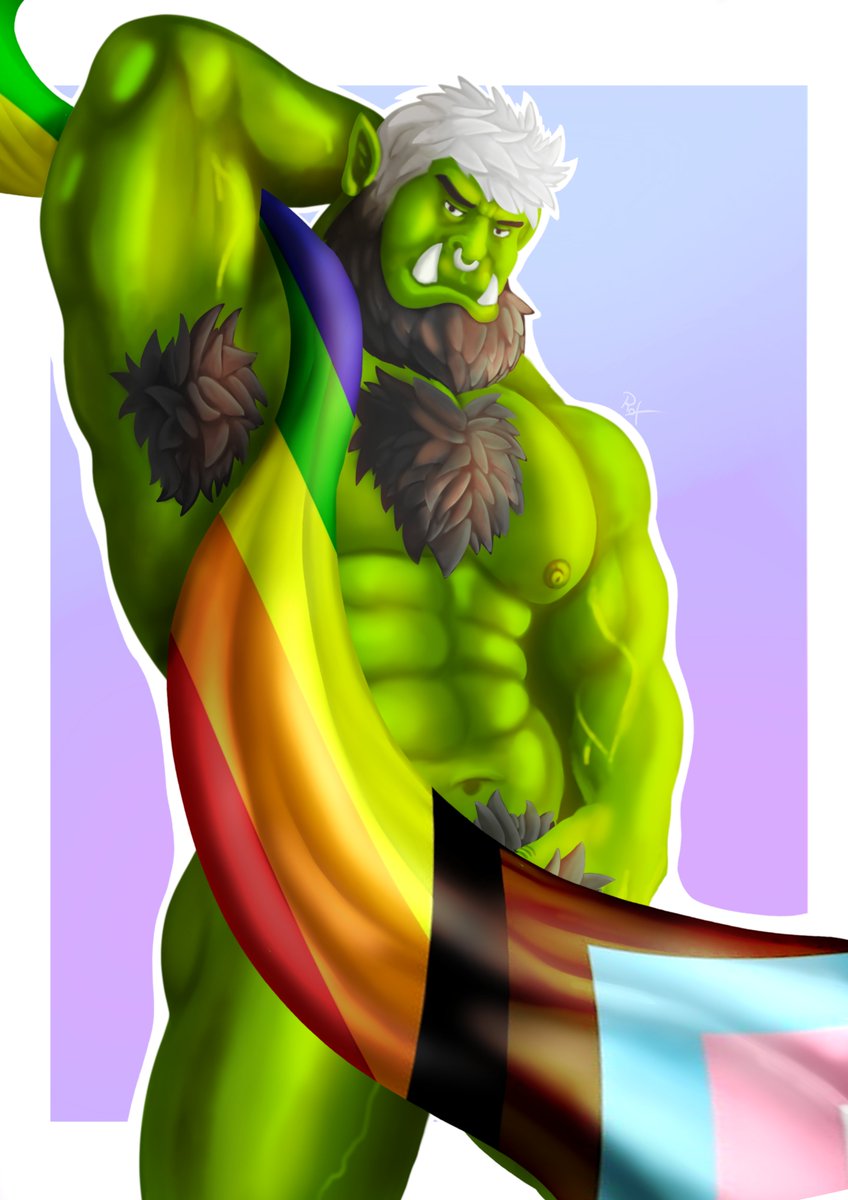 1man 1orc bara barazoku beard completely_nude completely_nude_male daddy daddy_mucles facial_hair fangs fangs_out gay green_body green_nipples green_skin hairy hairy_chest hairy_male hay_pride male male_focus male_only manly muscles_daddy muscular nipples nude nude_male orc orc_male pride_color_flag pride_colors pride_flag pride_month roxds93 teeth teeth_visible