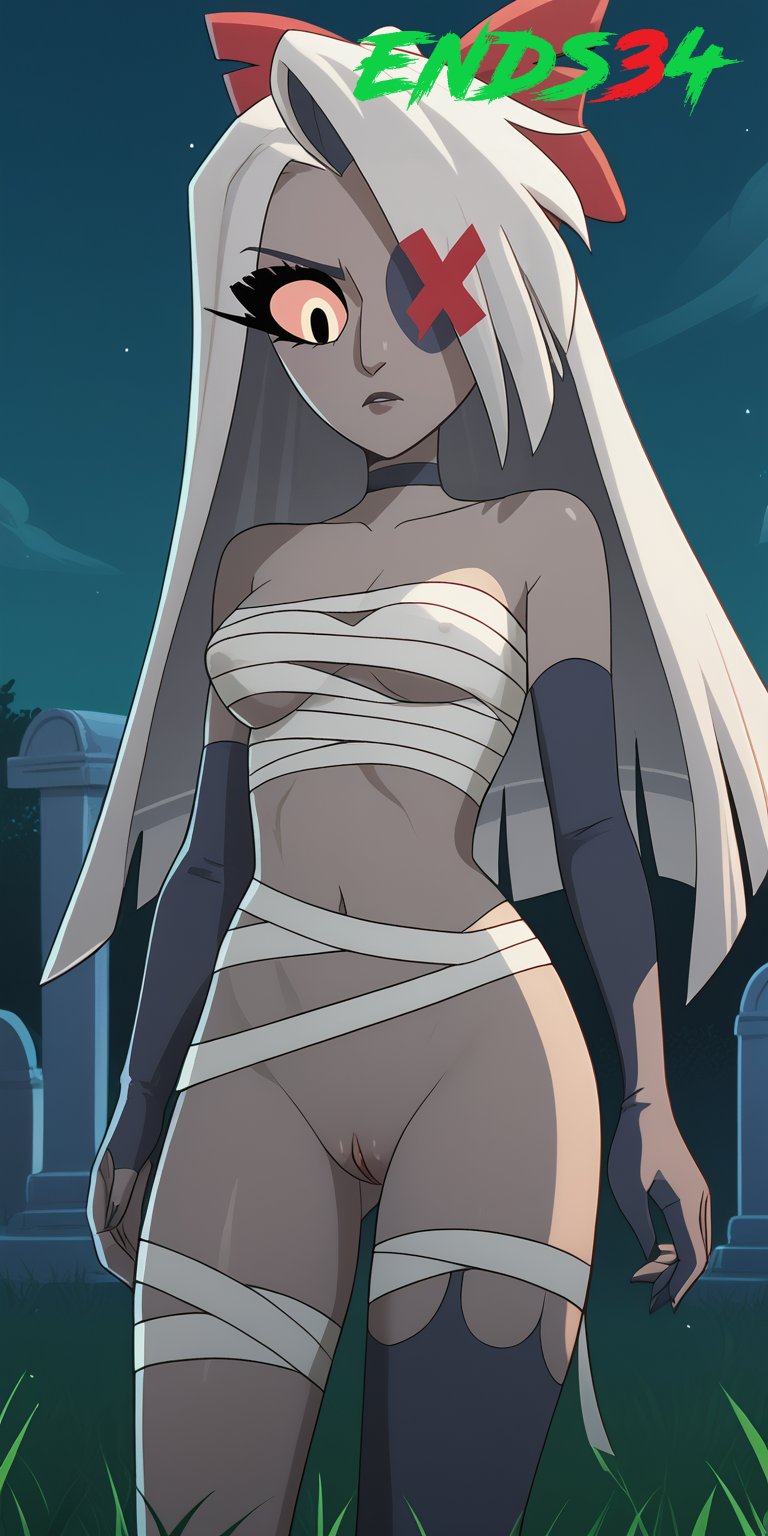 ai_generated ends34 female female_only halloween halloween_costume hazbin_hotel long_hair medium_breasts pussy vaggie_(hazbin_hotel) white_hair