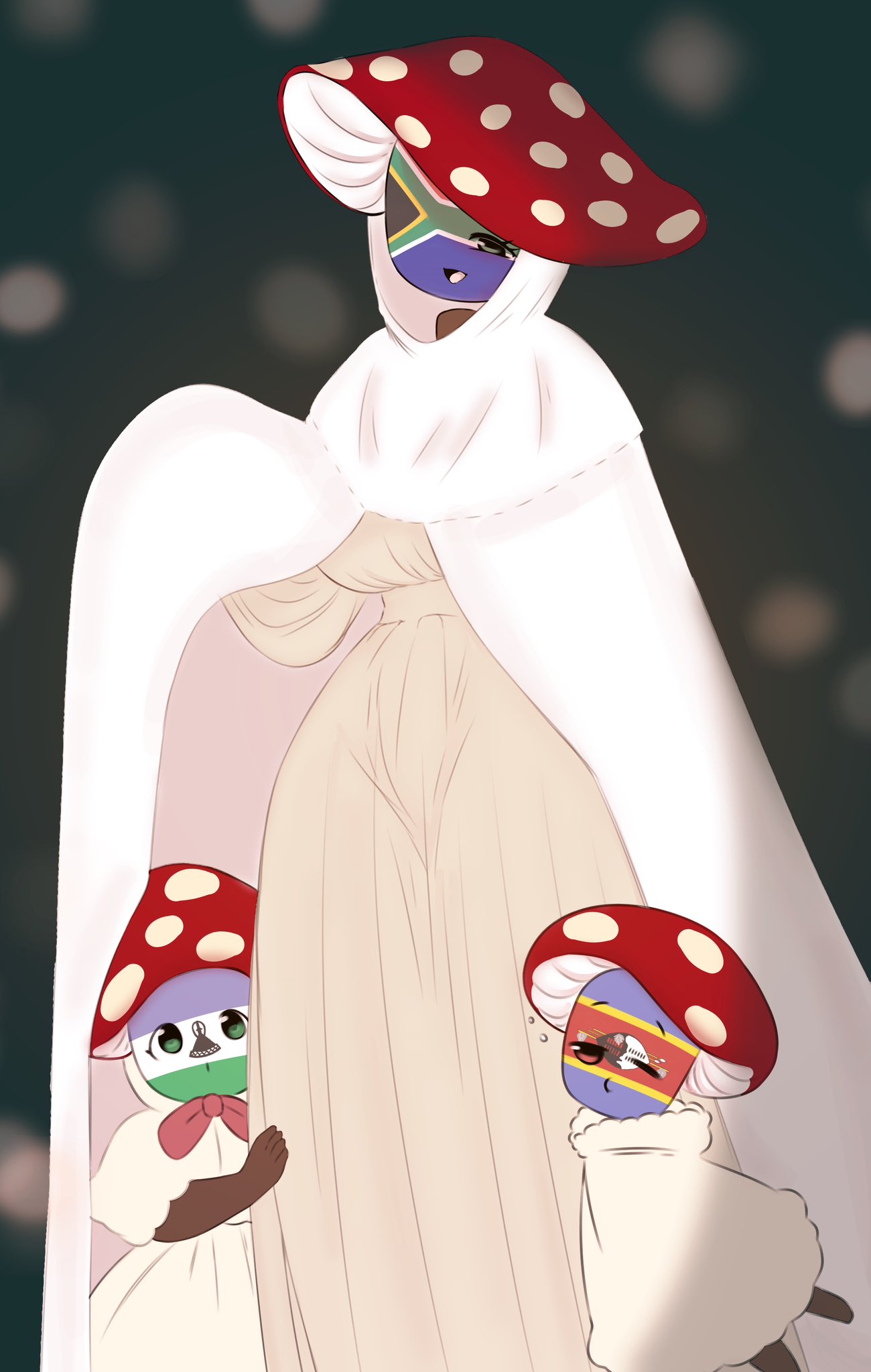 african countryhumans countryhumans_girl dark_skin eswatini_(countryhumans) flawsy flawsystyle lesotho_(countryhumans) mushroom mushroom_hat safe safe_for_work south_africa_(countryhumans) tagme white_cloak white_dress