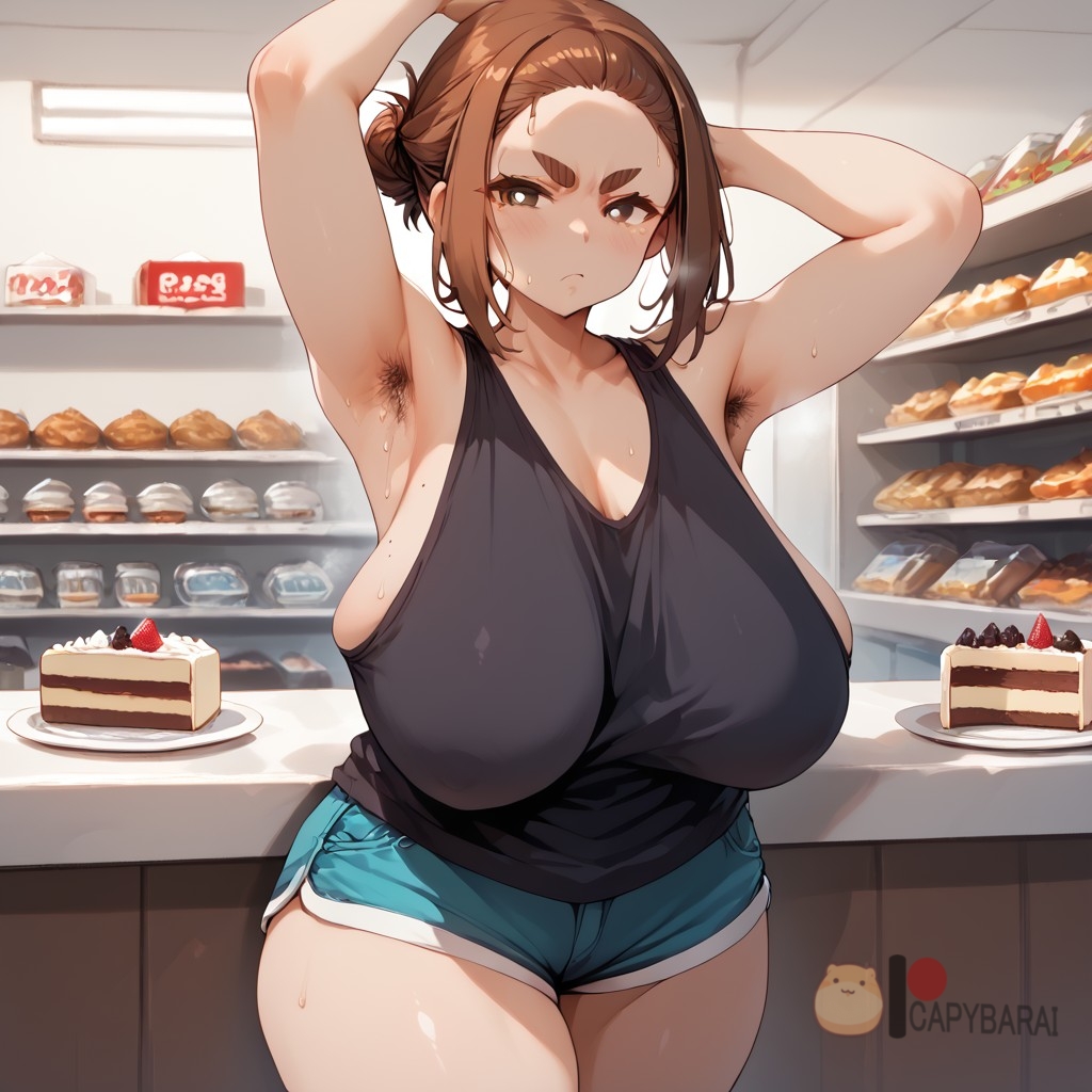 1:1_aspect_ratio ai-created armpit_hair armpits arms_behind_head arms_up bangs bare_shoulders black_shirt black_tank_top blue_shorts blush breasts brown_eyes brown_hair cake cake_slice capybarai closed_mouth clothing cowboy_shot curvaceous denim eyebrows female female_only food forehead hair_bun hair_pulled_back huge_breasts indoors kaii_to_otome_to_kamikakushi large_breasts looking_at_viewer mature mature_female ogawa_sumireko original pastry shirt shop short_eyebrows short_hair short_shorts shorts single_hair_bun solo stable_diffusion standing strawberry_shortcake sweat tank_top thick_eyebrows thick_thighs thighs tied_hair