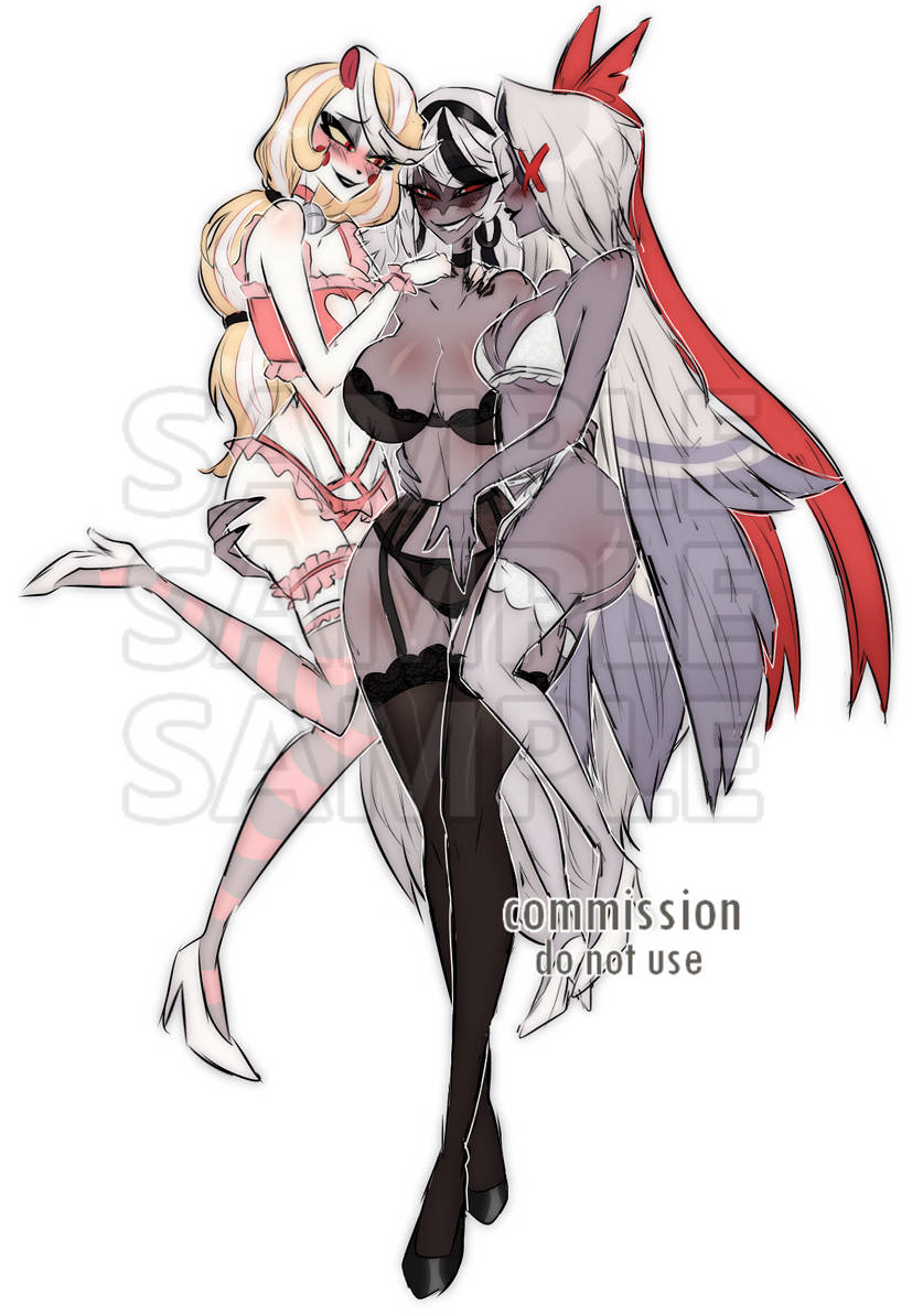 2demons 3girls angel black_lingerie blushing carmilla_carmine carrying charlie_morningstar_(hazbin_hotel) eloehhl hazbin_hotel kiss_mark passionate pink_lingerie smiling smiling_at_partner thighhighs vaggie_(hazbin_hotel) white_lingerie yuri