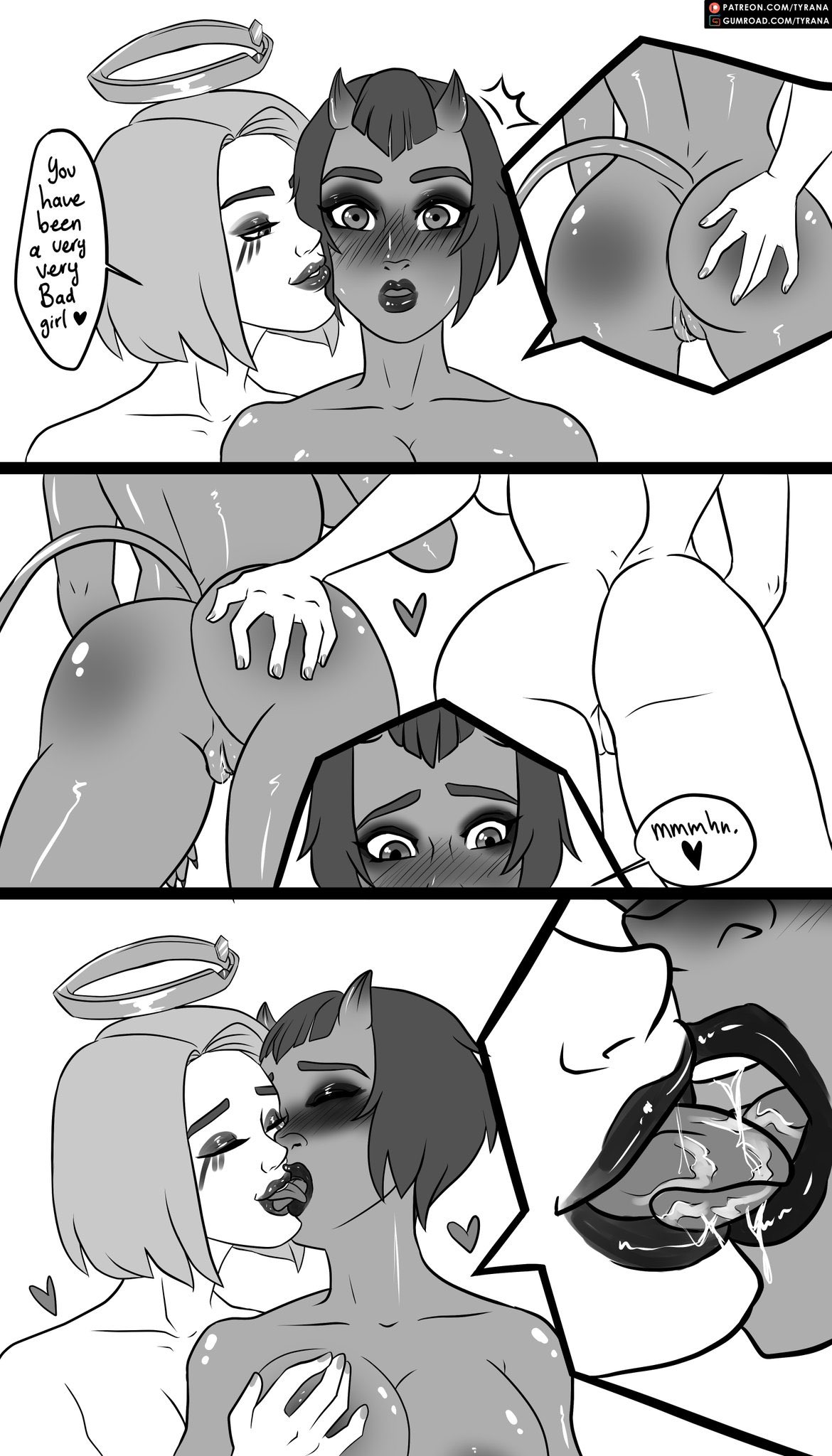 2girls, alluring, angel, ark (fortnite), ass, ass grab, blush, cheek grab, completely nude, dark skin, dark-skinned female, demon, demon girl, demon horns, demon tail, english dialogue, female, fortnite, french kiss, groping, gumroad, hearts, makeup, malice (fortnite), multiple females, multiple girls, naked, nude, patreon, pleasure face, provocative, pussy, pussy juice, saliva, seductive, seductive female, seductive smile, teeth, tongue, tyrana, wet pussy, yuri