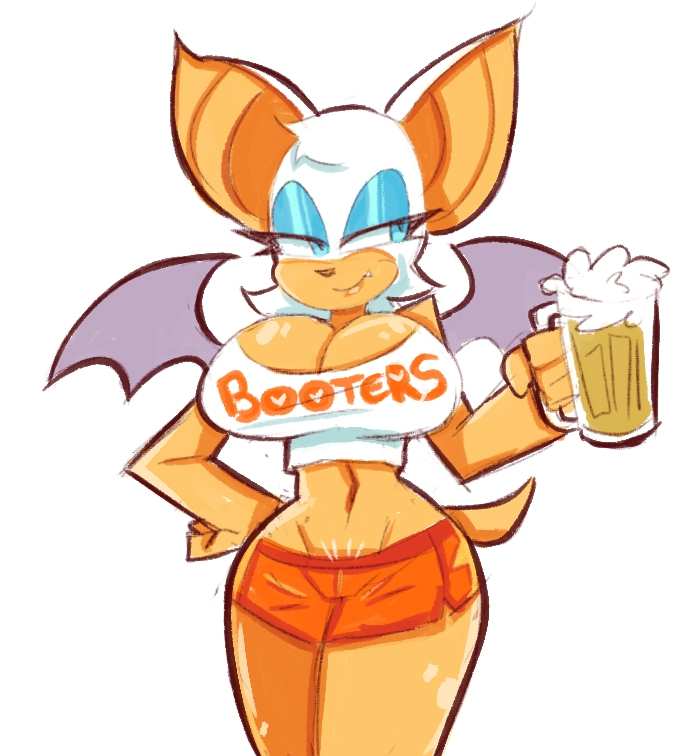 1girls big_breasts cleavage crop_top demonbloodpal female furry hooters hooters_uniform pubic_hair rouge_the_bat sega shorts sonic_(series)