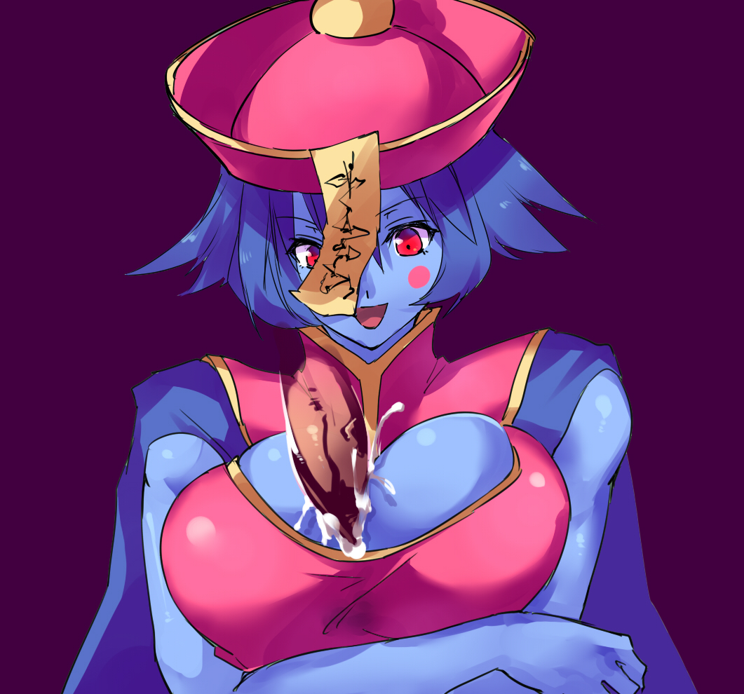 1boy 1girls arms_crossed big_breasts blue_hair blue_skin breasts clothing crossed_arms cum cum_between_breasts cum_on_breasts darkstalkers disembodied_penis ejaculation ejaculation_between_breasts hsien_ko huge_breasts jiangshi large_breasts lei-lei lei_lei male_pov negresco paizuri penis pov red_eyes reverse_paizuri smile straight titfuck