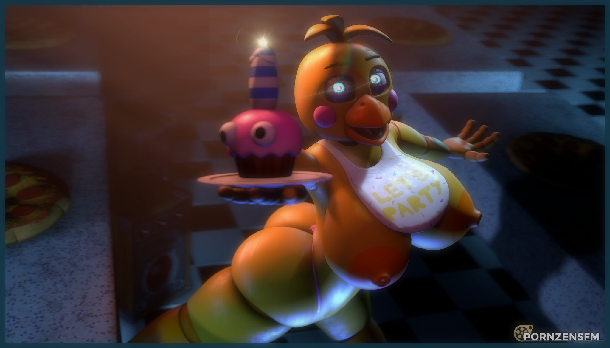 3d, 3d (artwork), ass, beak, bib, big ass, big breasts, blue eyes, breasts, candle, checkered floor, cupcake, cupcake (fnaf), dildo, erect nipples, female, five nights at freddy's, glowing eyes, hips, holding object, large ass, large breasts, large nipples, lens flare, looking at viewer, nipples, no humans, panties, pink cheeks, pink panties, pizza, plate, pornzensfm (artist), robot, robot joints, runaboo chica, solo, source filmmaker, table, thick thighs, thighs, toy chica (fnaf), yellow body, yellow hair, yellow skin, zentaisfm
