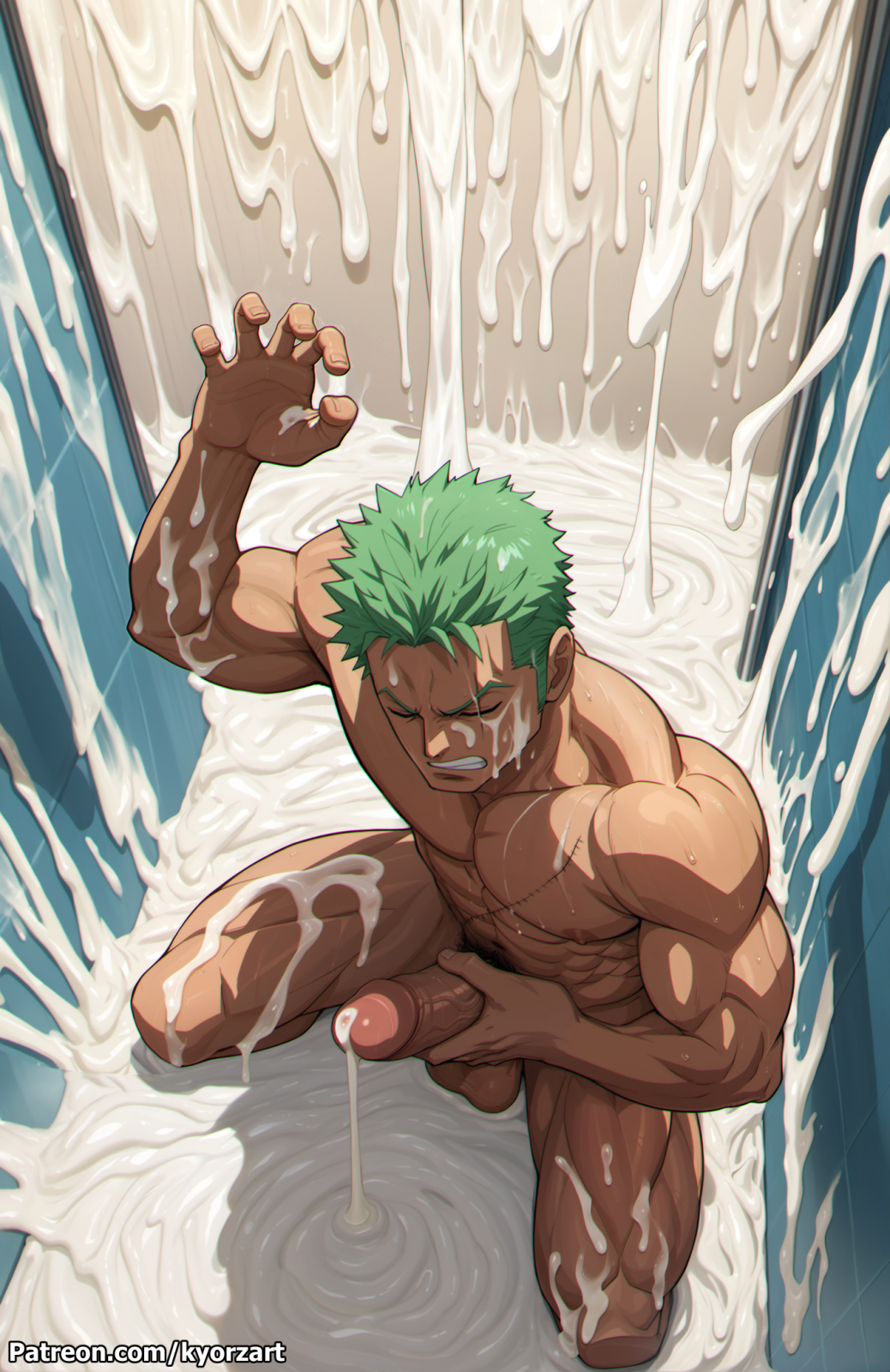 1boy _testicles abs ai_generated bara beefy biceps blush cum cum_on_body cum_on_breasts cum_on_penis cum_on_upper_body cum_string cumshot earrings fundoshi fundoshi_aside gay genital_fluids green_hair grin half-dressed haramaki holding_object holding_penis jerking kyorzart large_chest looking_at_viewer male male_only masturbation muscles muscular muscular_arms muscular_male one_piece pecs pubic_hair rokushaku_fundoshi roronoa_zoro scar scar_on_chest semen short_hair sitting solo spread_legs sweat sweatdrop sweating sweaty vein