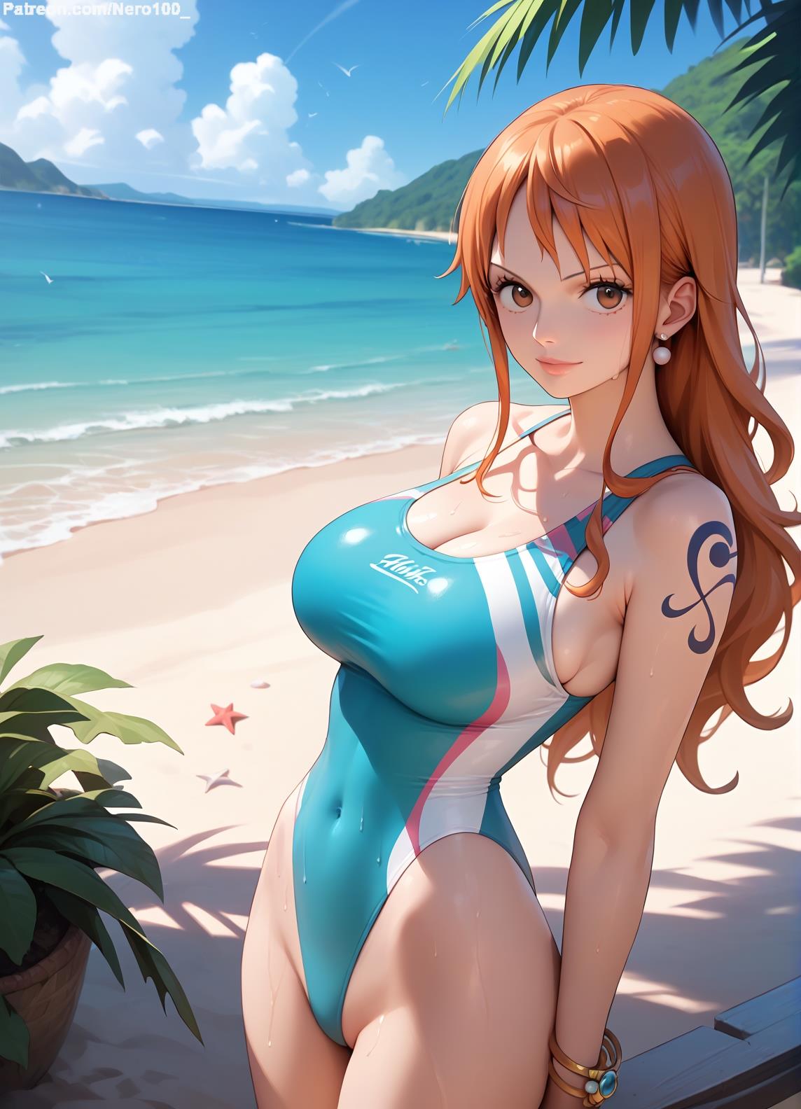 1girls, 2d, ai generated, ass, athletic, athletic female, bare shoulders, belly, big ass, big breasts, breasts, curvy, curvy figure, cute, cute face, detailed, eyelashes, eyeshadow, female, female only, fit, fit female, focus, ginger, ginger hair, high quality, huge breasts, large breasts, legs, light skin, light-skinned female, lips, lipstick, long hair, looking at viewer, makeup, mascara, mature, midriff, nami (one piece), nero100, one piece, one-piece swimsuit, orange eyes, orange hair, outdoors, outside, pale skin, pale-skinned female, pool, posing, post-timeskip, sagging breasts, seductive, seductive look, stable diffusion, swimming pool, swimsuit, swimwear, tagme, thick ass, thick butt, thick thighs, thighs, wide hips