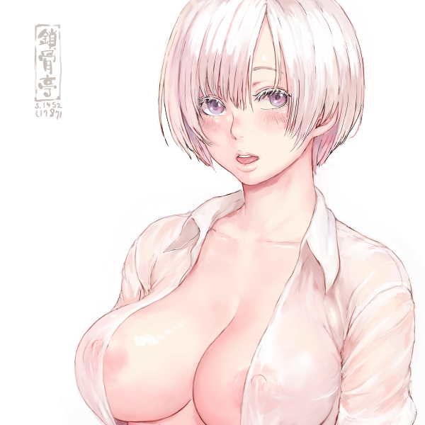 1:1 1girls areola areola_slip breasts looking_at_viewer mikanman nipple_bulge nipples open_clothes open_mouth open_shirt shirt solo solo_female