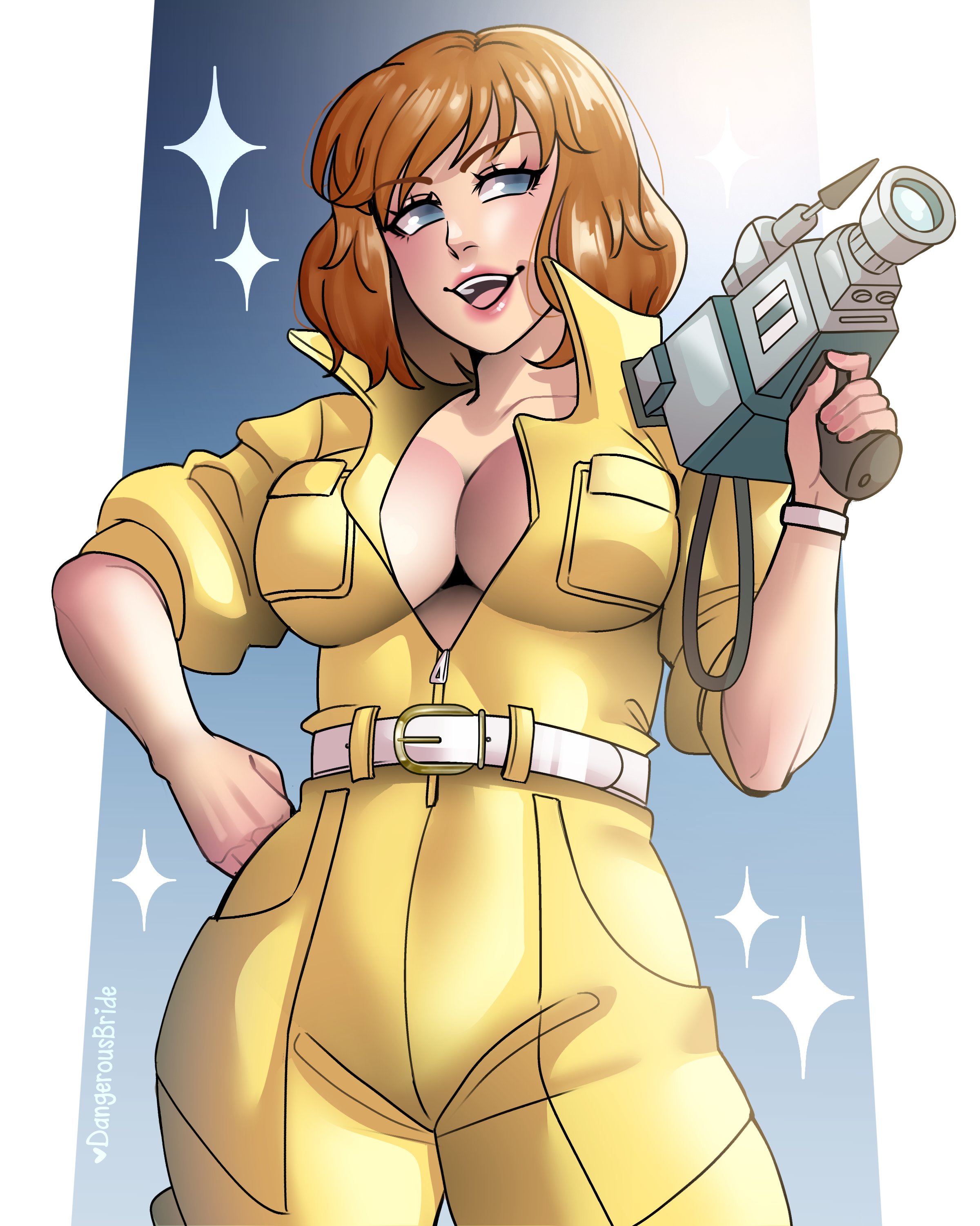 1girls, 2025, 2d, 2d (artwork), april o'neil, april o'neil (tmnt 1987), artist name, belt, big breasts, blue eyes, bodysuit, breasts, brown hair, camera, cleavage, clothed, clothed female, clothing, dangerousbride, electronics, female, female only, hand on hip, human, human only, inner sideboob, jumpsuit, medium hair, open mouth, pale skin, questionable, reporter, short hair, smiling, solo, solo female, sparkles, technology, teenage mutant ninja turtles, unzipped bodysuit, very high resolution, video camera, yellow bodysuit