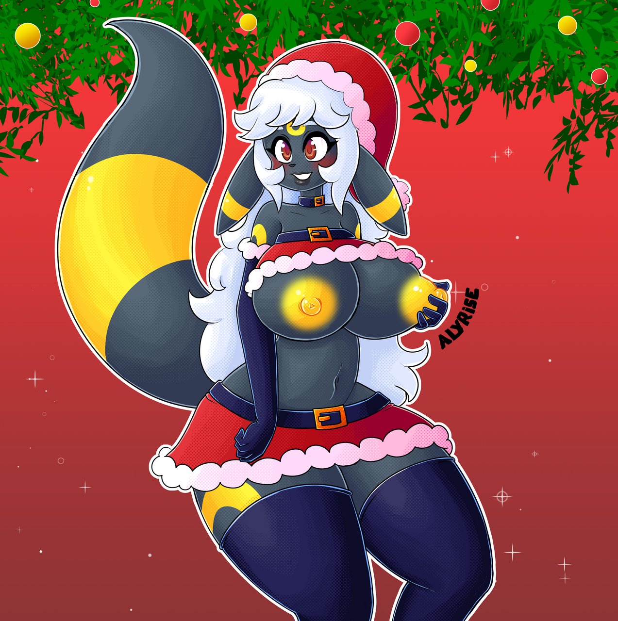 alyrise anthro areola armwear bandeau belt belt_buckle belt_choker big_breasts black_body black_fur black_lips bottomwear breasts buckle choker christmas christmas_clothing christmas_decorations christmas_headwear christmas_ornament clothed clothing eeveelution elbow_gloves exposed_breasts female fur generation_2_pokemon gloves hair handwear hat headgear headwear hi_res holding_breast holidays jewelry legwear lips long_hair mammal miniskirt navel necklace nintendo nipples plant pokemon pokemon_(species) pokemorph portrait raised_clothing raised_shirt raised_topwear red_background red_eyes santa_hat shirt signature simple_background skirt smile solo sparkles stockings three-quarter_portrait topwear umbreon white_hair yellow_areola yellow_body yellow_fur yellow_nipples