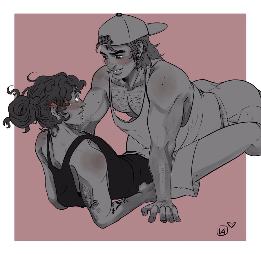 2boys backwards_baseball_cap blush eddie_munson flustered flustered_male frat_boy fully_clothed karies_art male_cleavage no_visible_genitalia not_colored sketch steve_harrington stranger_things tattoo yaoi