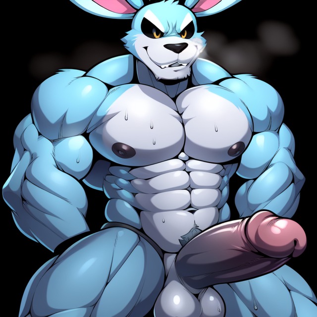 1boy 1furry 1male ai_generated animatronic animatronic_male anthro balls bara black_sclera blue_fur candougie fazbear_fanverse five_nights_at_maggie's fnaf frosting.ai furry furry_balls furry_male furry_only gay gay_male jerry_(fnam) male male_only muscular muscular_male musk_clouds penis rabbit solo solo_male sweat