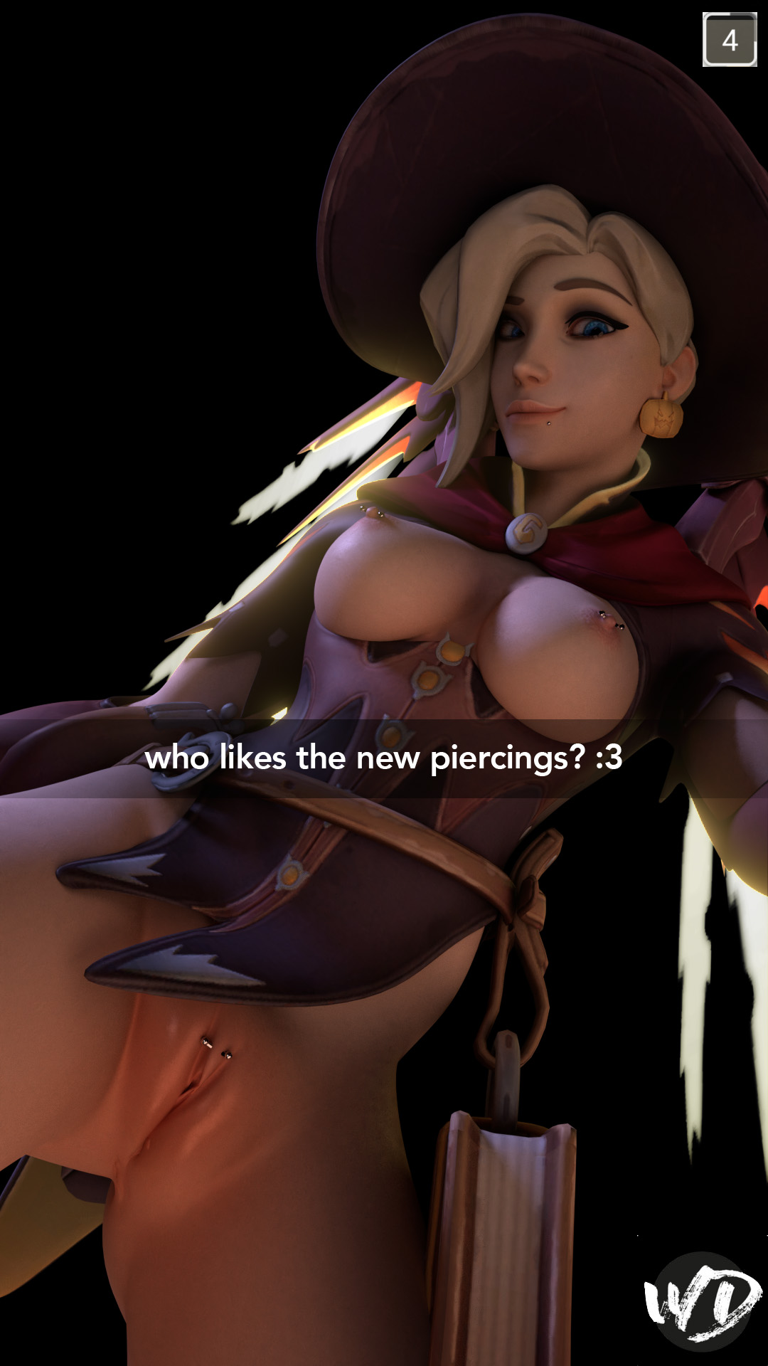 3d, breasts, caption, exposed breasts, exposed pussy, female, instagram, mercy, nipple piercing, nipples, overwatch, pussy, pussy piercing, snapchat, source request, witch hat, witch mercy, wunder
