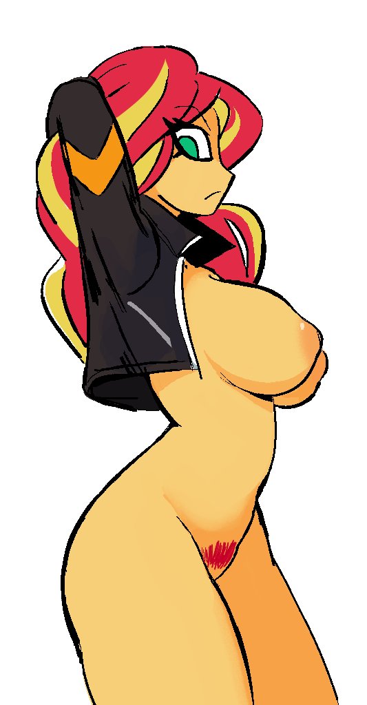 1girls arm_behind_head arm_up behitbo blonde_hair equestria_girls female friendship_is_magic green_eyes jacket long_hair looking_at_viewer my_little_pony nude nude_female open_clothes open_jacket partially_clothed pubic_hair red_hair solo solo_female sunset_shimmer two_tone_hair yellow_body