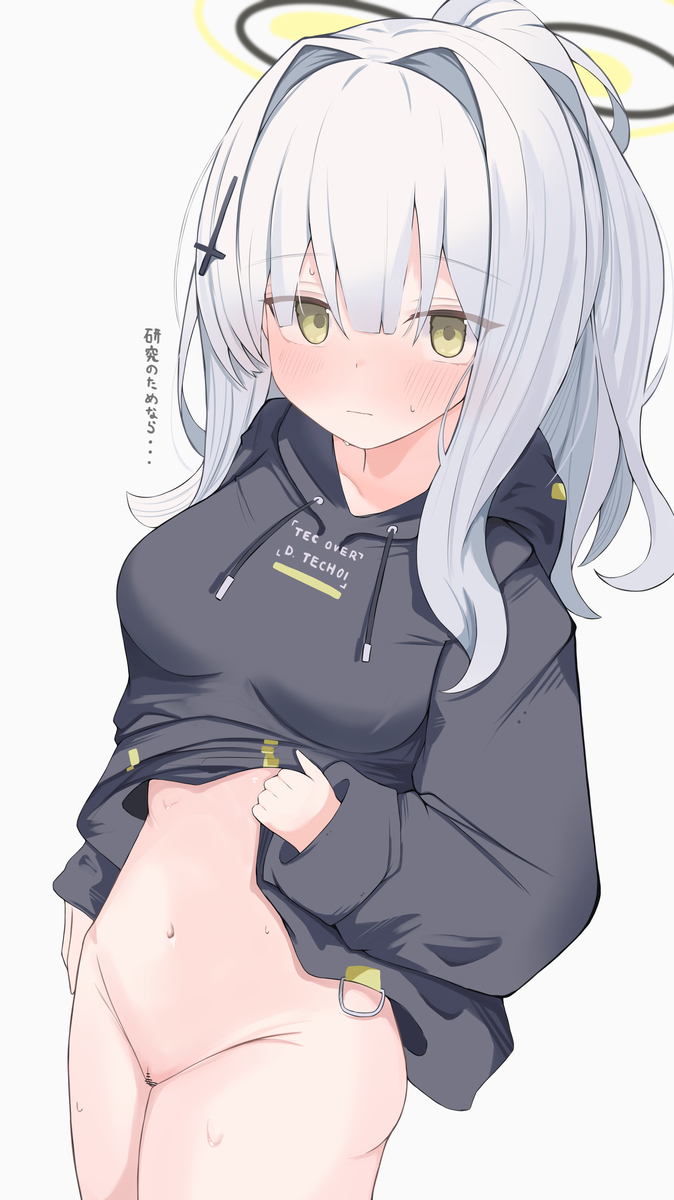 blue_archive bottomless bottomless_female green_eyes halo hare_(blue_archive) hoodie millennium_science_school_student ponytail thick_thighs thighs veritas_(blue_archive) white_hair