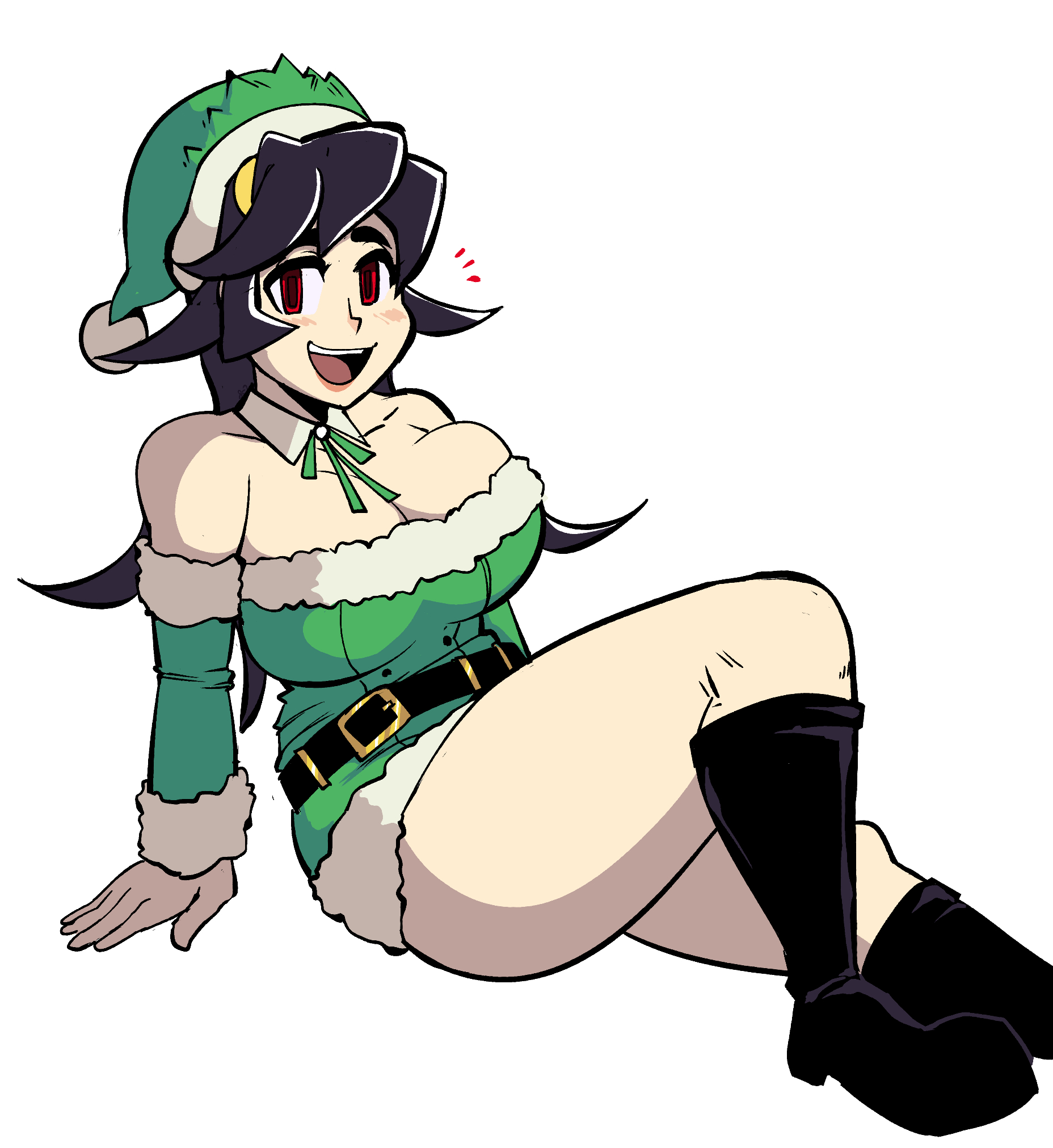 ass, big ass, big breasts, black hair, breasts, christmas, christmas outfit, female, filia (skullgirls), gerard burn, happy, open mouth, red eyes, samson (skullgirls), skullgirls, thick thighs