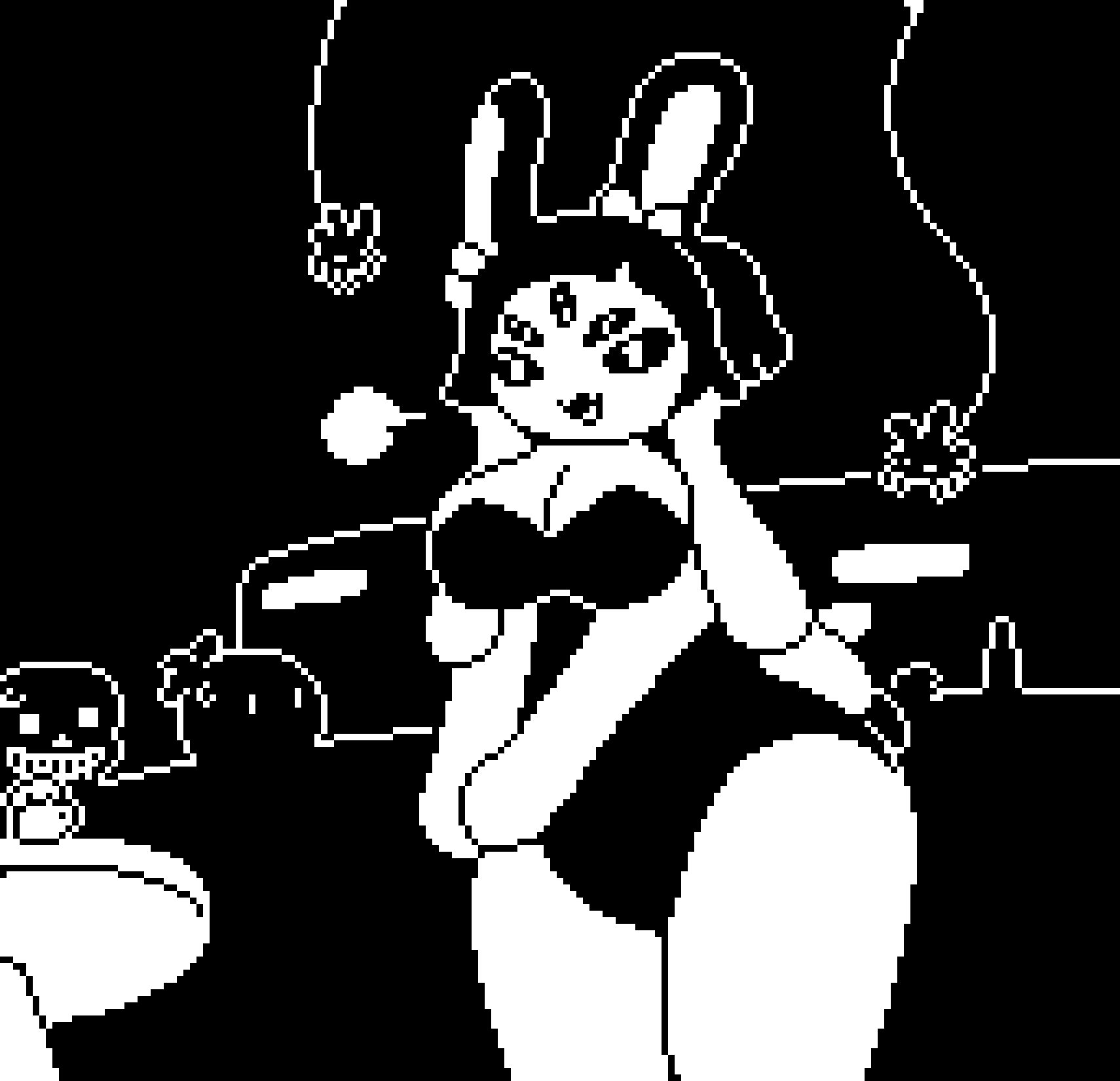 big_breasts big_thighs bunny_ears bunnysuit embarrassed huge_thighs monochrome muffet okami_tomato pixel_art sans spider tomato_(okami_tomato) undertale