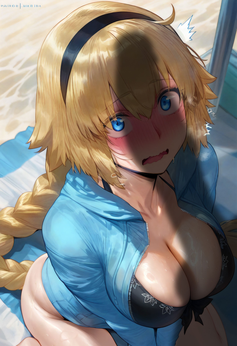 1girls ai_generated big_breasts big_penis blonde_hair blue_eyes cleavage cock_shock fate_(series) fellatio front-tie_bikini jeanne_d&#039;arc_(fate) jeanne_d&#039;arc_(fate)_(all) large_breasts mikayori penis_awe penis_shadow short_hair