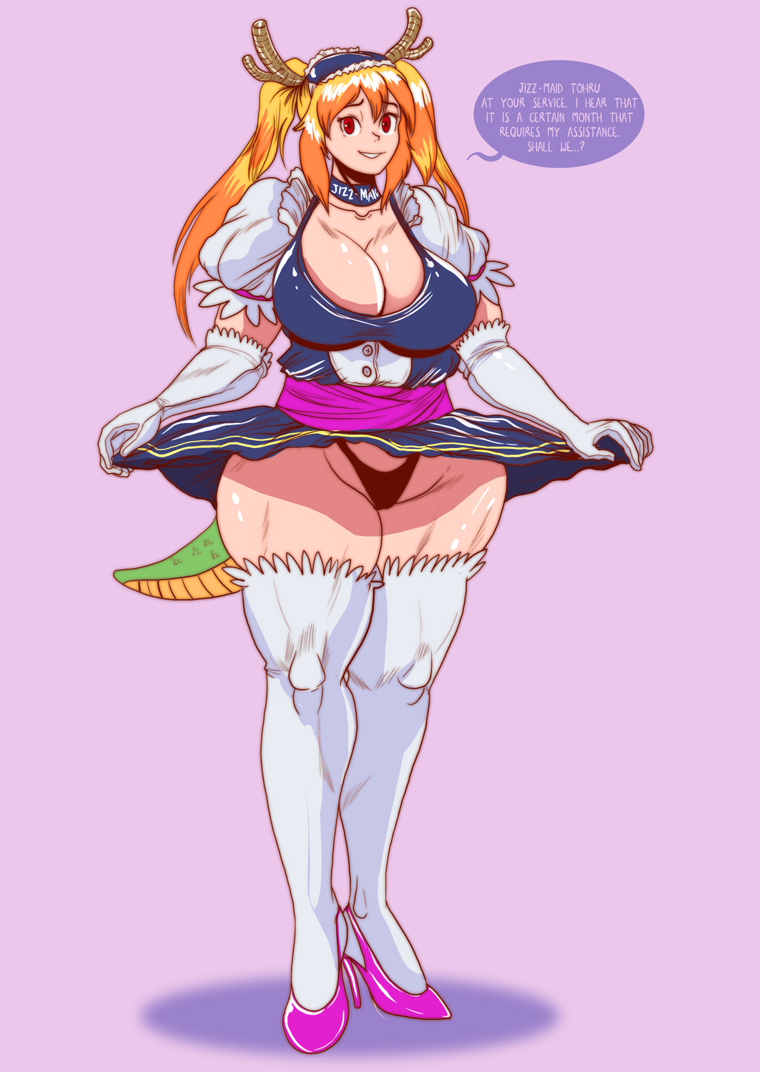 1girls, big breasts, breasts, cleavage, female, female only, large breasts, looking at viewer, miss kobayashi's dragon maid, panties, skirt, skirt lift, solo, speech bubble, text, thick thighs, thighhighs, tohru (dragon maid), vogol