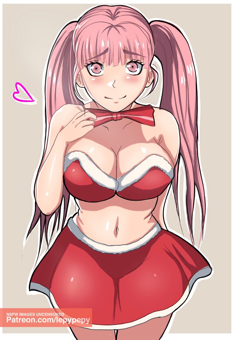 1girls, alternate costume, blush, bowtie, breasts, christmas, cleavage, female, fire emblem, fire emblem: three houses, hilda valentine goneril, large breasts, lepypepy, nintendo, pink eyes, pink hair, skirt, solo, twintails