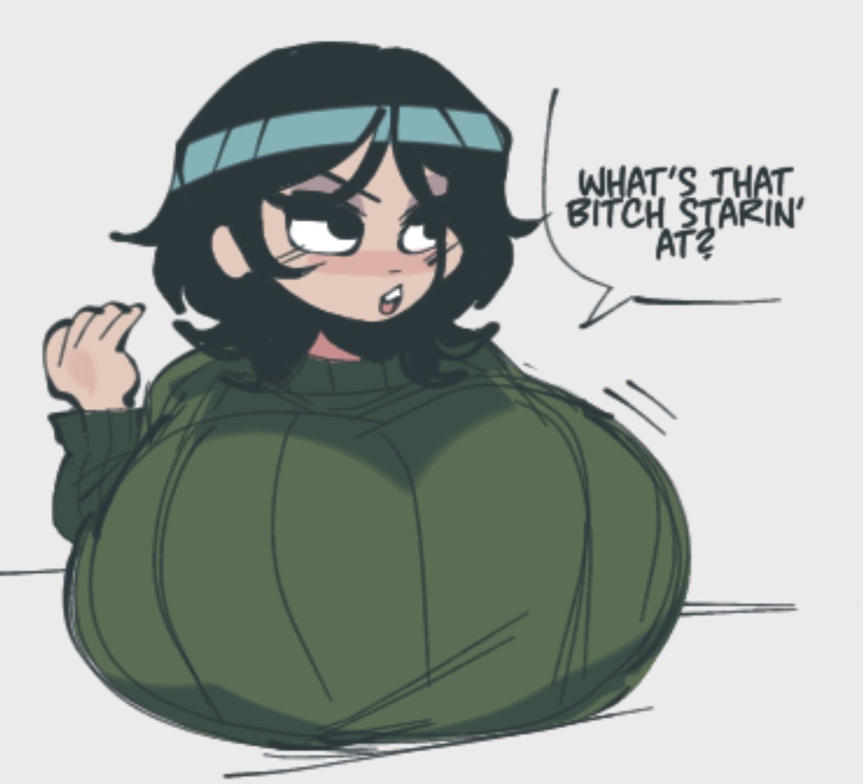 1girls, big breasts, black hair, blush, blushing female, breasts, clothed, clothed female, clothing, dialogue, female, female only, hollie hawkes, mstreetsamurai, scott pilgrim, short hair, solo, solo female, sweater, text