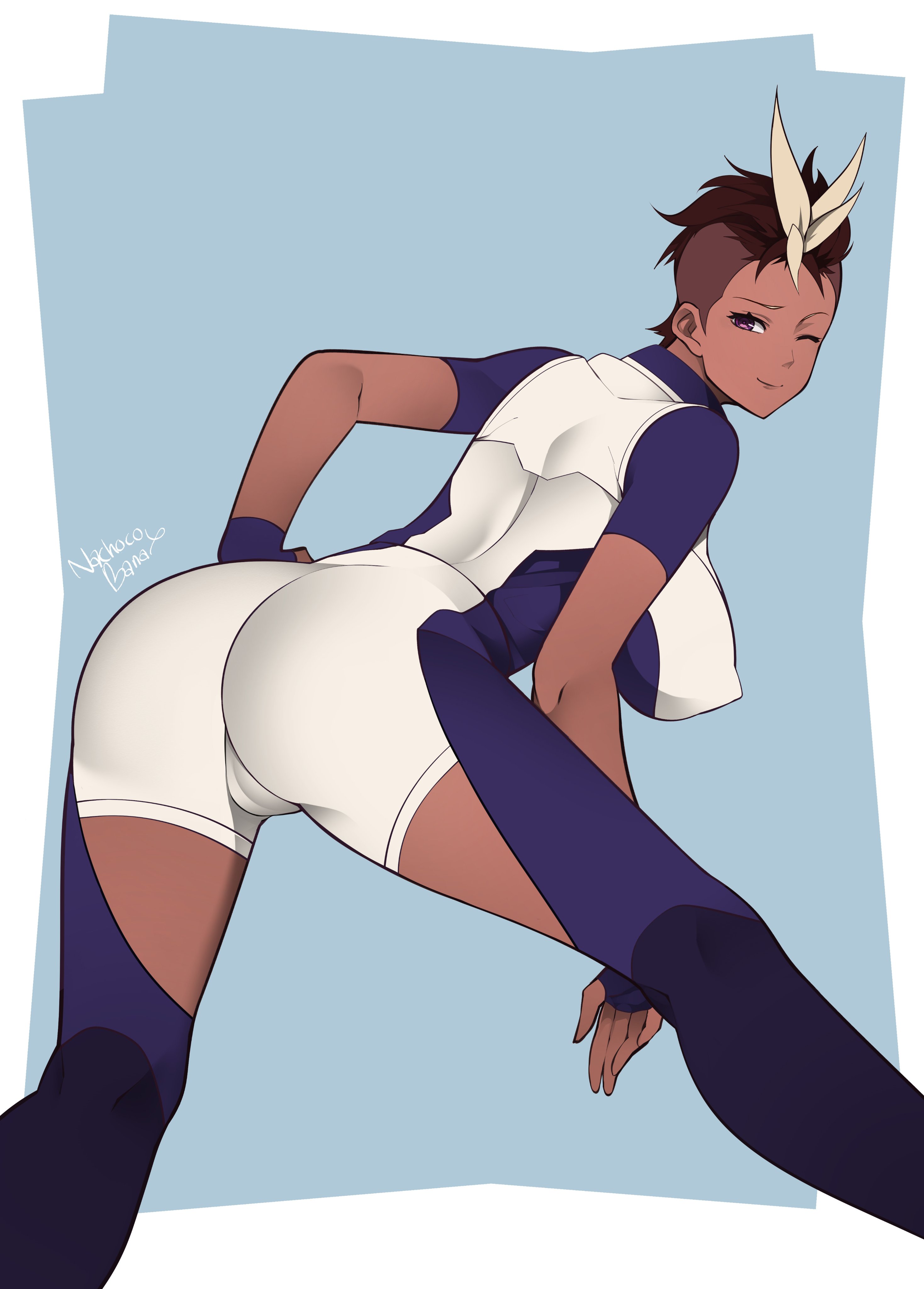1girls, big breasts, breasts, cameltoe, dark skin, dark-skinned female, female, female only, harriet bree, large breasts, looking at viewer, looking back, nachocobana, pussy, rwby, solo