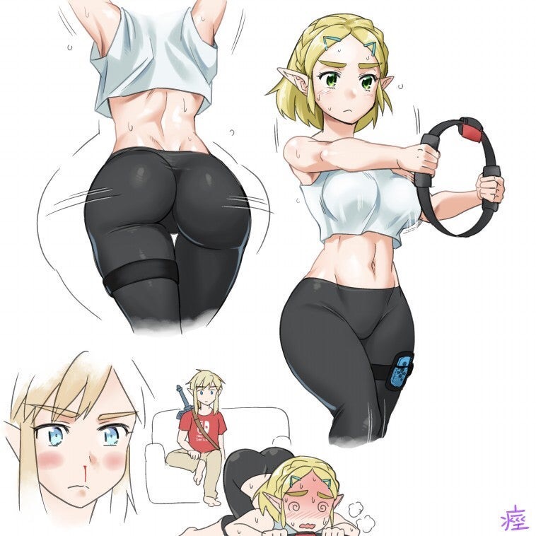 1boy 1girls 2019 abs alternate_outfit armpits ass ass_shake ass_up back belly big_breasts blonde_hair bottomwear clothing crop_top crossover electronics exercise exhausted female fully_clothed game_controller green_eyes half-closed_eyes heavy_breathing hylian joycon_controller leg_strap leggings legwear light-skinned_female light_skin link link_(breath_of_the_wild) male midriff monbetsu_kuniharu nintendo nintendo_switch nosebleed pale_skin pilates_ring pointy_ears princess_zelda ring_fit_adventure ringcon_controller short_hair simple_background spiral_eyes sportswear sweat swirly_eyes tears_of_the_kingdom text the_legend_of_zelda thighband thighs tights top-down_bottom-up topwear watermark wet white_background wide_hips yoga_pants zelda_(tears_of_the_kingdom)