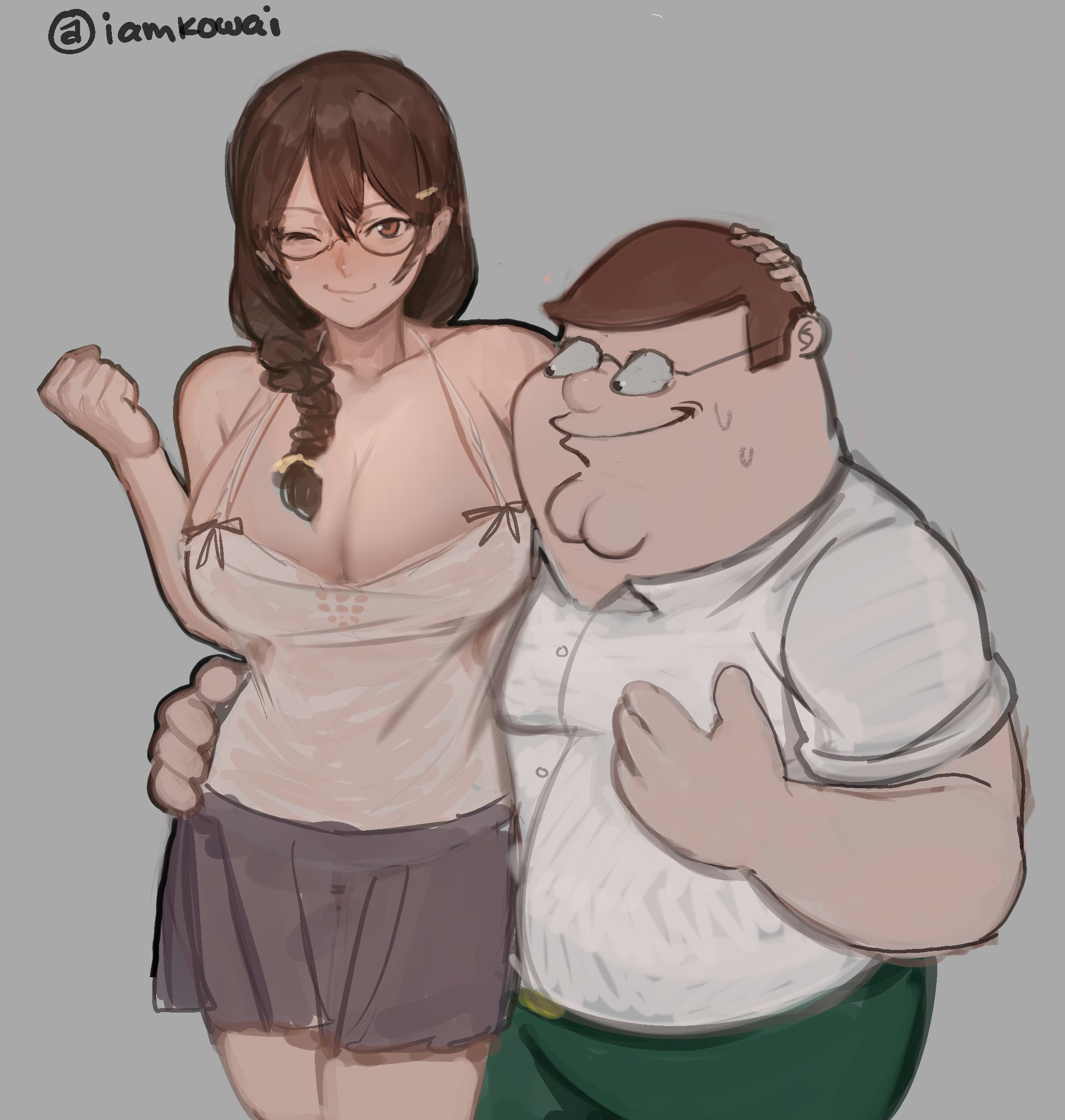 1boy, 1girls, braid, breasts, brown hair, brown skirt, camisole, cleavage, cleft chin, crossover, double chin, family guy, fat male, female, glasses, green pants, grey background, hanekawa tsubasa, highres, kowai (iamkowai), large breasts, male, monogatari (series), pants, peter griffin, round eyewear, shirt, simple background, skirt, straight, sweatdrop, white camisole, white shirt