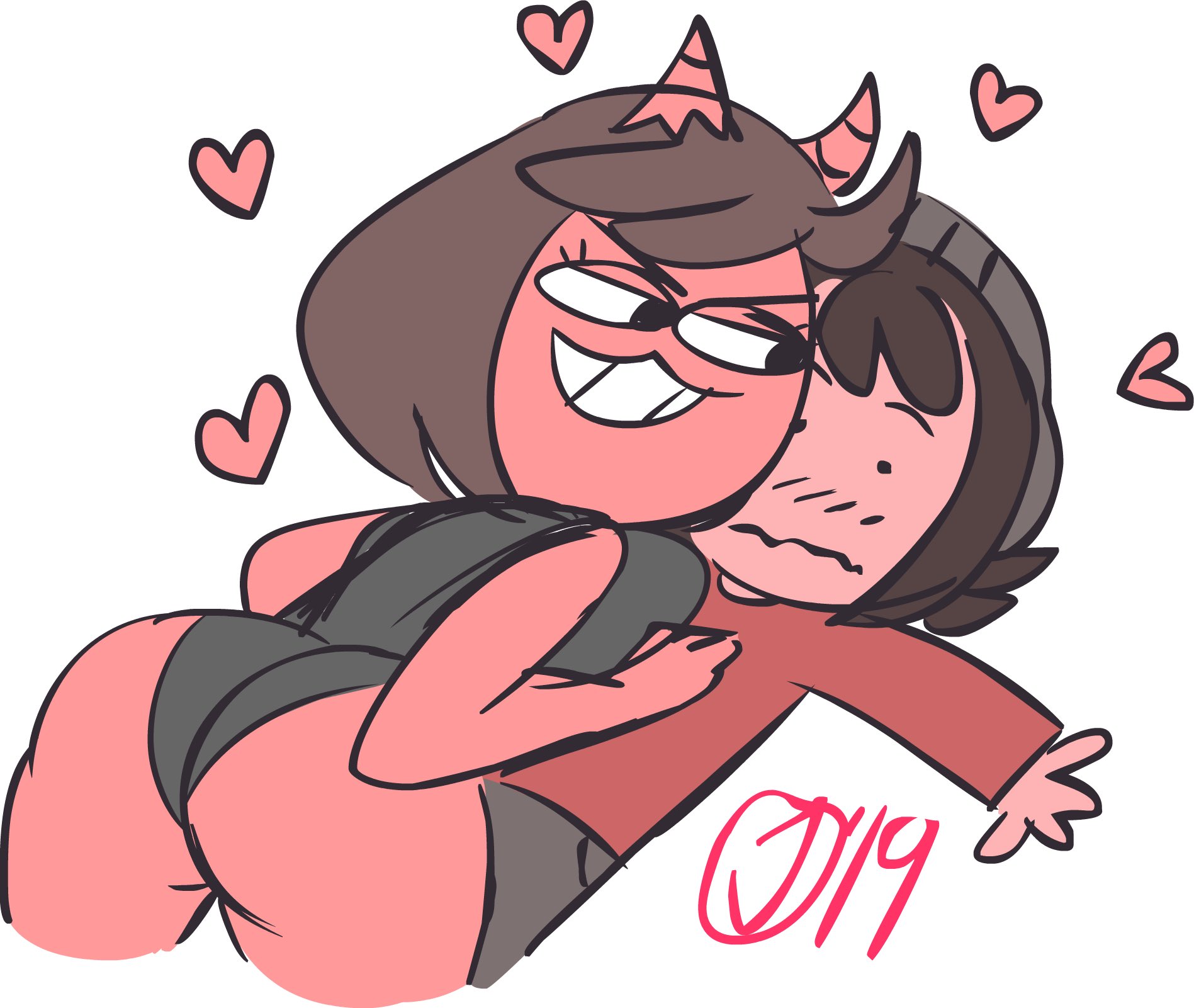 :3, 1boy, 1girls, 2019, artist signature, ass, beanie, bedroom, big ass, big breasts, black leotard, blush, bob cut, breast press, breast squish, breasts, brown hair, claire & james, clarissa macias, clothed, color, d00dlejam, demon, demon girl, demon horns, dutch angle, eyes closed, female, female on top, heart, hips, human, james bear, larger female, leotard, male, rear view, red skin, shorter male, side view, smaller male, smile, straight, succubus, taller female, thick thighs, thighs, white background