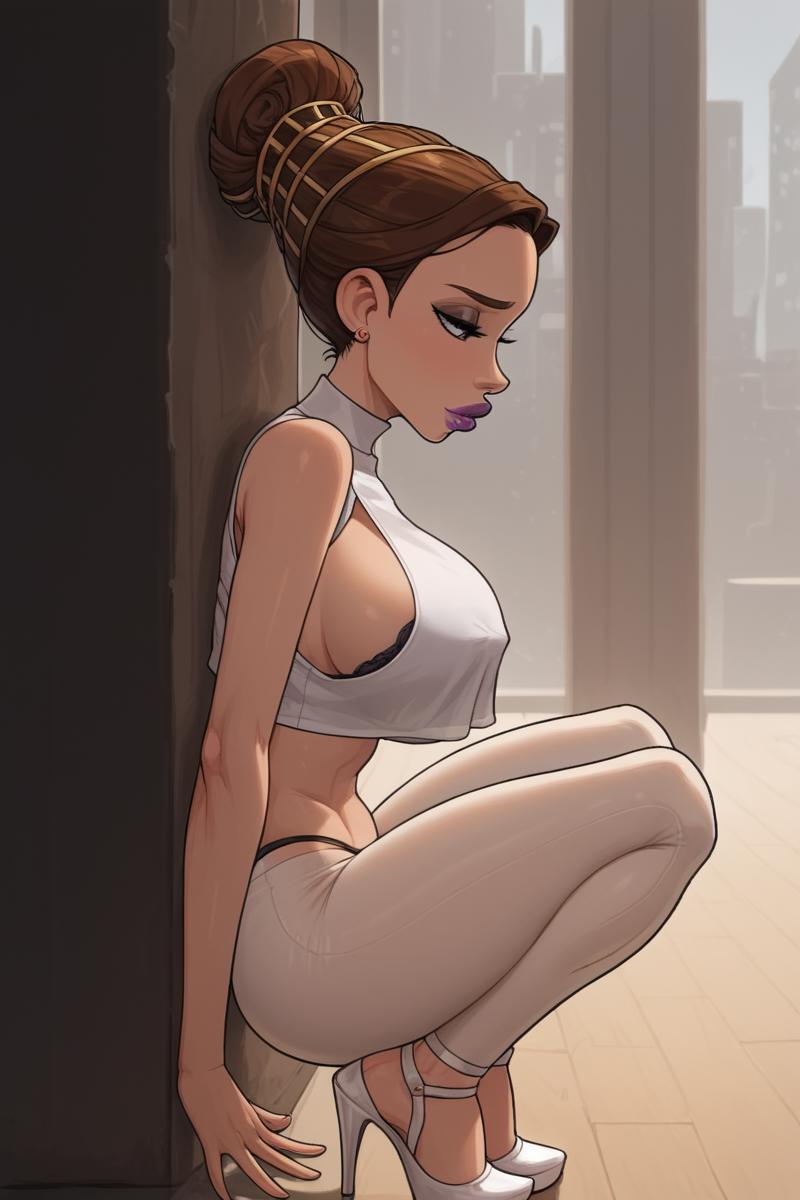 1girls ai_generated bare_shoulders big_breasts bimbo breasts clone_wars geonosis goldencharacters hi_res human indoors jedi lucasfilm markings montrals padme_amidala sleeveless solo star_wars