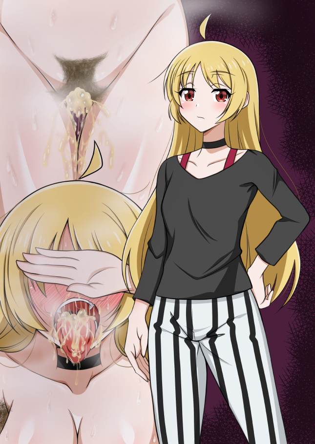 1girls after_sex armpit armpit_hair blonde_hair blush bocchi_the_rock! breasts choker cleavage covering_eyes covering_own_eyes cum cum_in_mouth cum_in_pussy cum_inside female ijichi_seika long_hair looking_at_viewer open_mouth pubic_hair red_eyes striped_pants sweat tongue tongue_out zeromoon2929