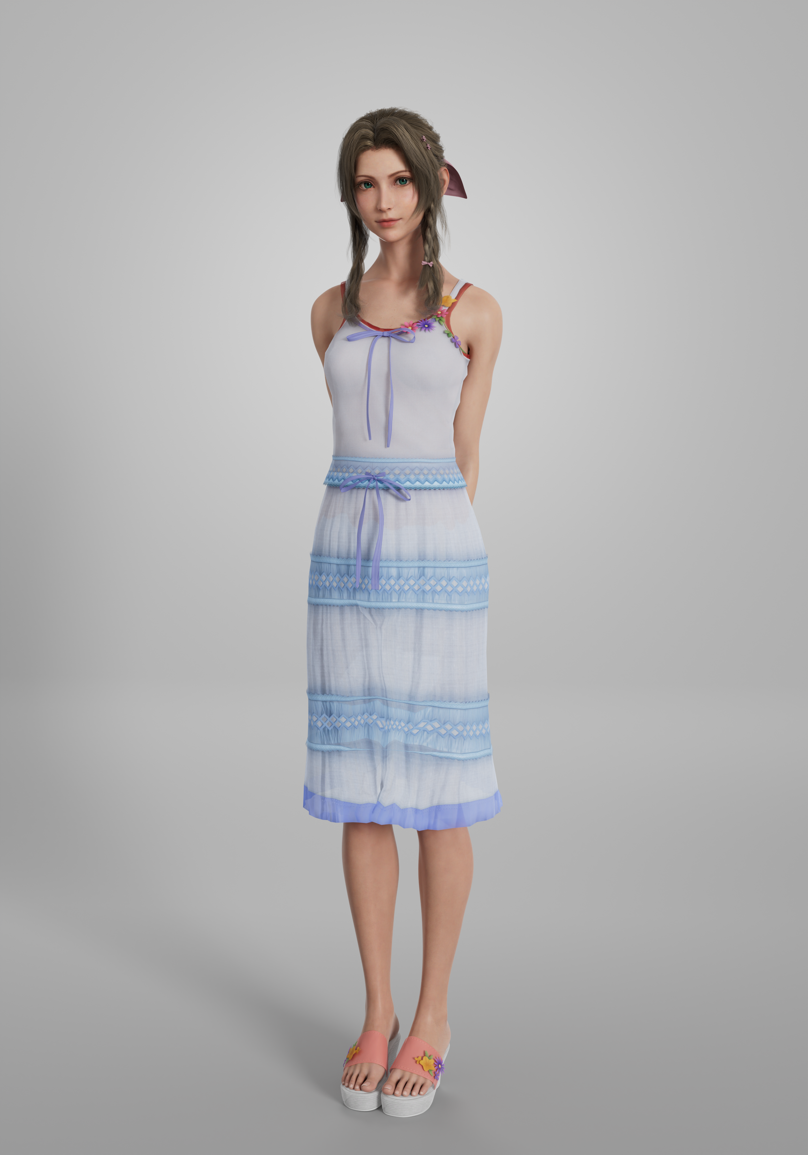 1girls, 3d, aerith gainsborough, arms behind back, billyhhyb, breasts, brown hair, clothed female, clothing, dress, female, final fantasy, final fantasy vii, footwear, green eyes, hair ribbon, looking at viewer, small breasts