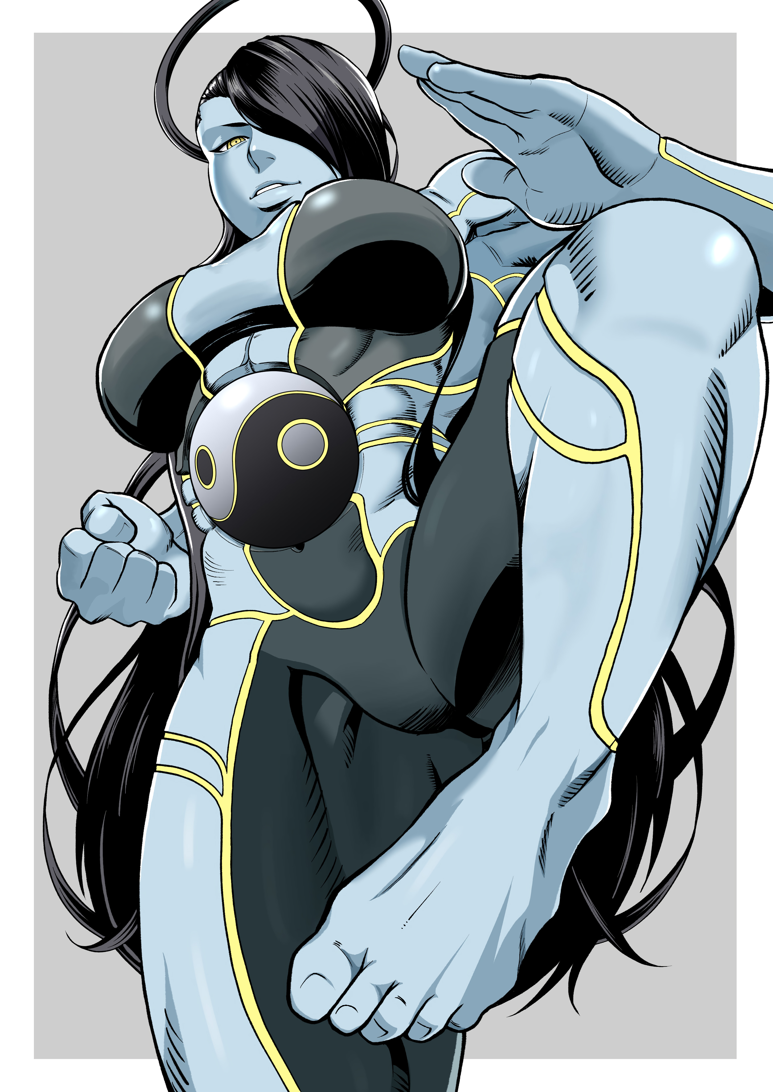 1girls, barefoot, big breasts, big thighs, black hair, breasts, busty, canon genderswap, capcom, female, female only, grey skin, hair over eyes, hair over one eye, huge breasts, large breasts, long hair, looking at viewer, muscles, muscular, muscular female, muscular thighs, naughty face, one eye covered, orange eyes, plain background, pose, seductive, seth (doll unit 0), seth (street fighter), shionogame, solo, solo female, street fighter, street fighter v, thick thighs, white background, yellow eyes, yellow sclera, yin yang